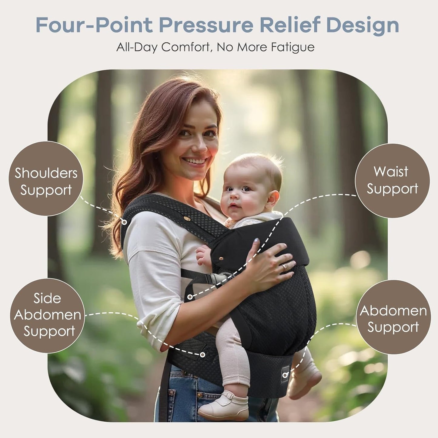 Baby Carrier with Lumbar Support, Cozy Baby Carrier Newborn to Toddler with Adjustable Seat Size, Ergonomic Infant Carrier with 3-Way Carry, Front Facing Toddler Hodler Carrier for Mom & Dad, Black