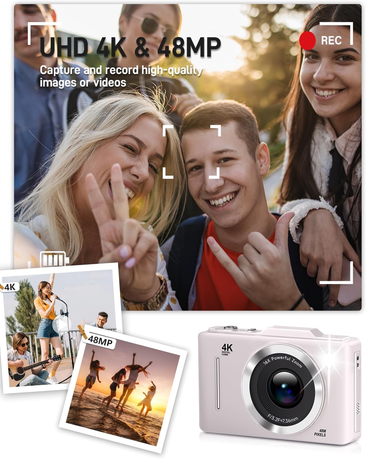 Digital Camera, FHD 1080P Kids Camera Digital with 16x Zoom Anti Shake, 32GB Card, 4K 48MP Portable Compact Point and Shoot Cameras, Vintage Small Camera for Teens Beginner Kids Present