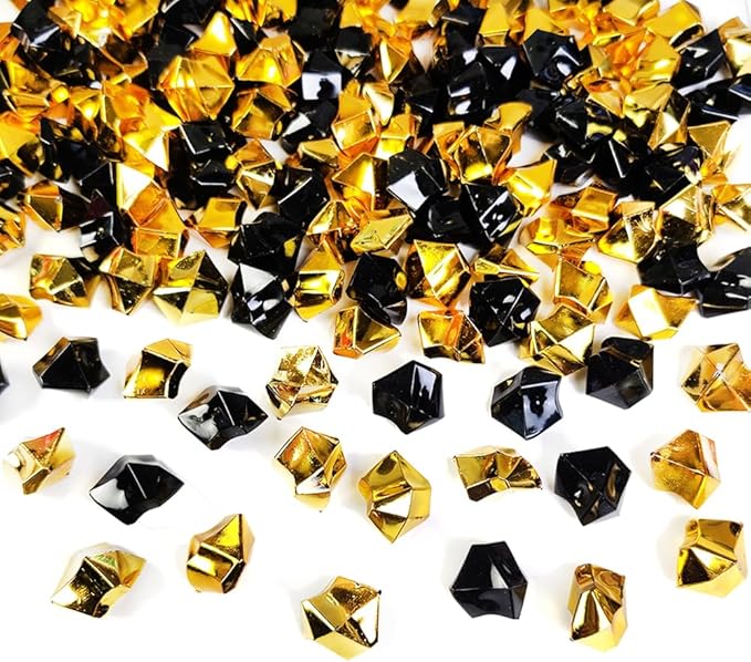 HappyFiller Fall Halloween Decoration Fake Ice Rocks Acrylic Nuggets Gems Stones Pirate Jewels for Wedding Centerpieces Vase Fillers,Graduation Party Table Scatters,Home Accents,Gold Black,14 OZ