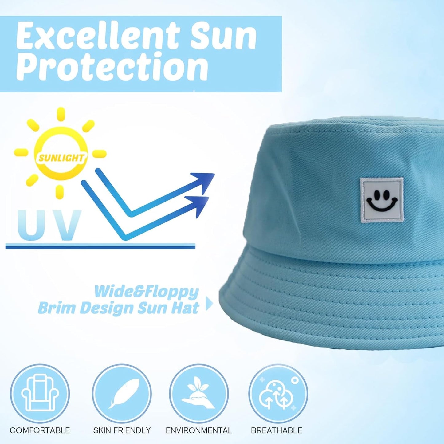 Kids Sun Hat Smile Face Bucket Hat for Girls Boys Summer Sun Protection Cotton Unisex Beach Cap