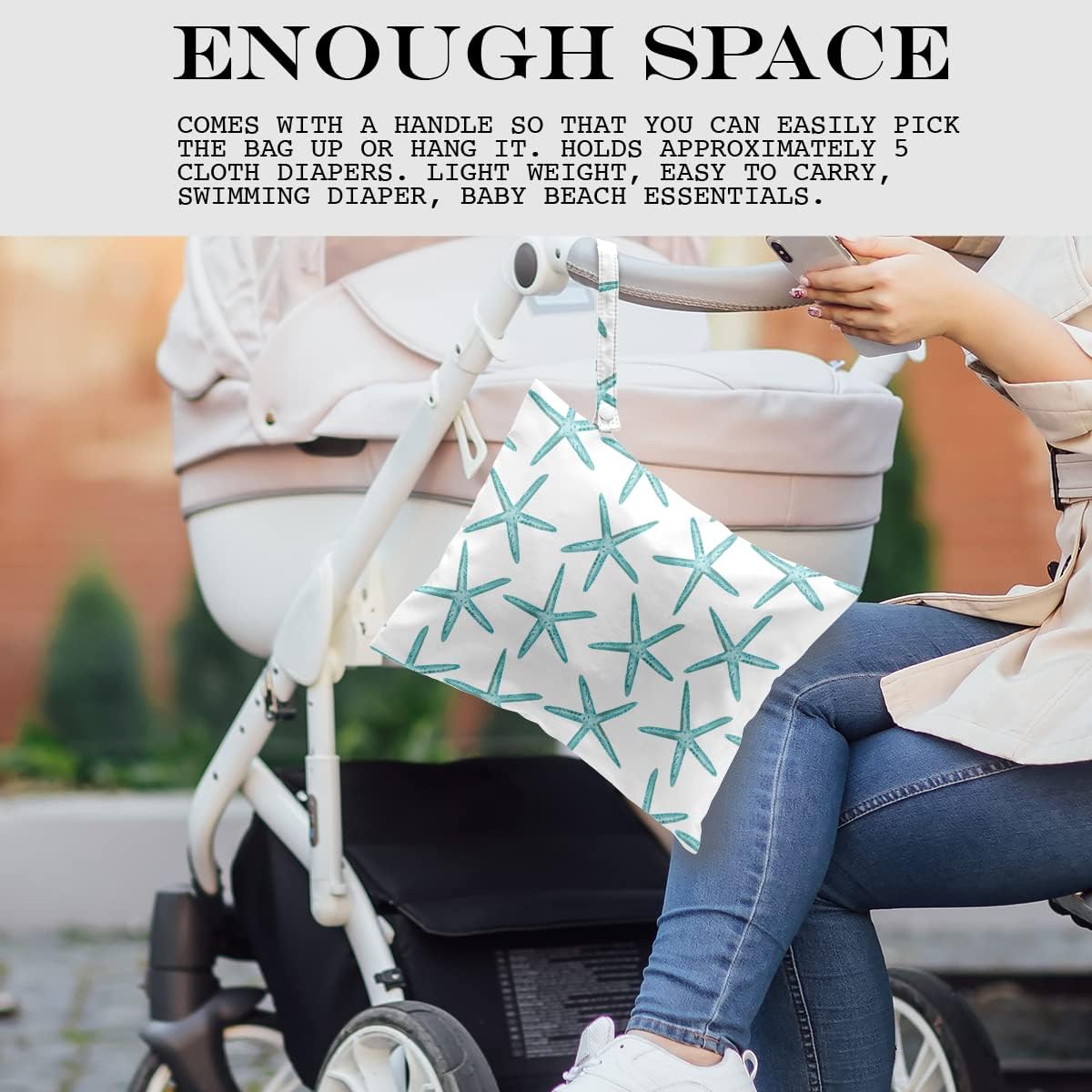 Wet Dry Bag for Swimsuit, Travel, Beach, Pool, Diapers, Dirty Yoga Gym Clothes, Makeup, Waterproof Reusable Beach Bag with Ocean Decor Starfish Sea Horse Anchor