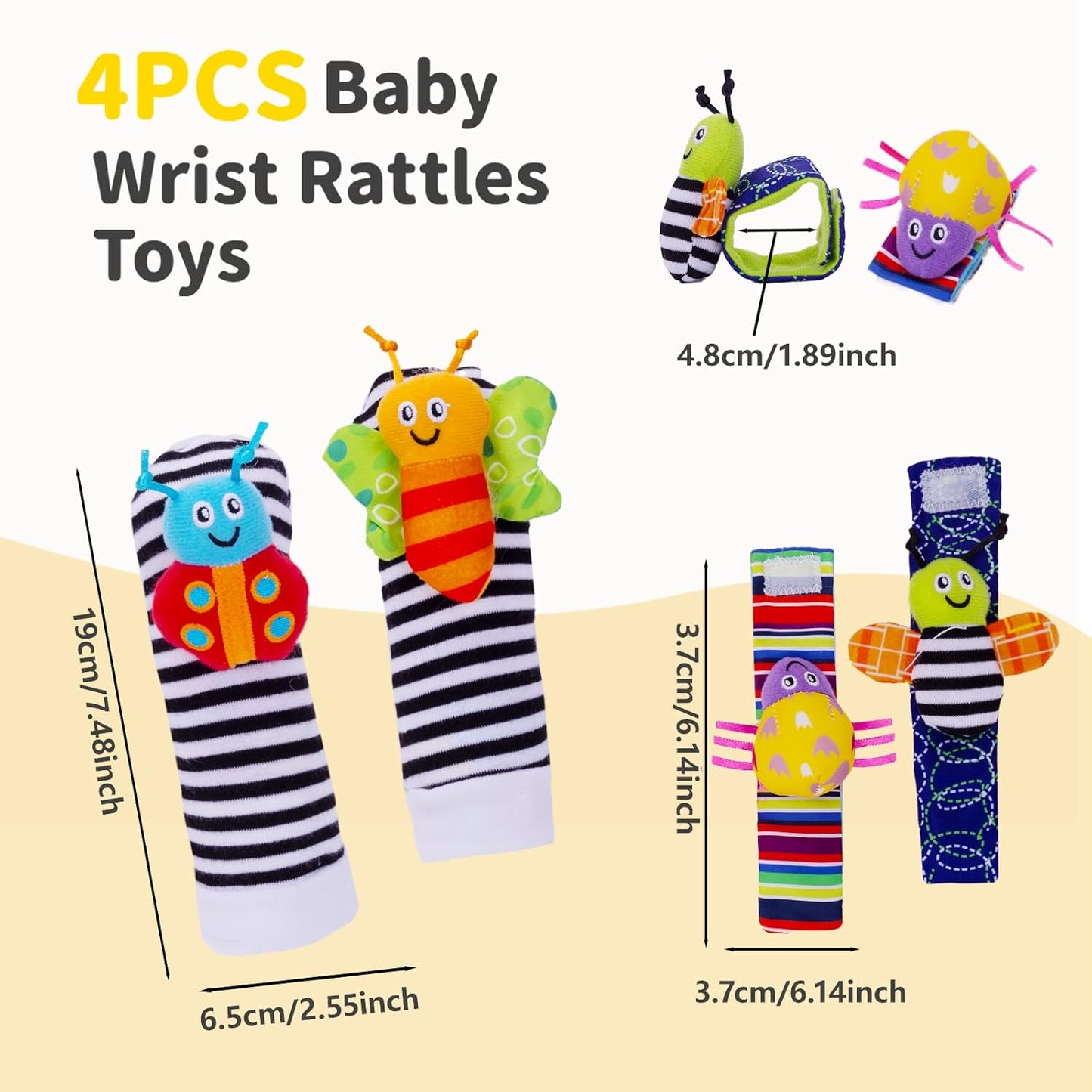 4-Piece Baby Wrist Rattle & Foot Finder Socks - Animal Rattle, Cartoon Design, 0-24 Months