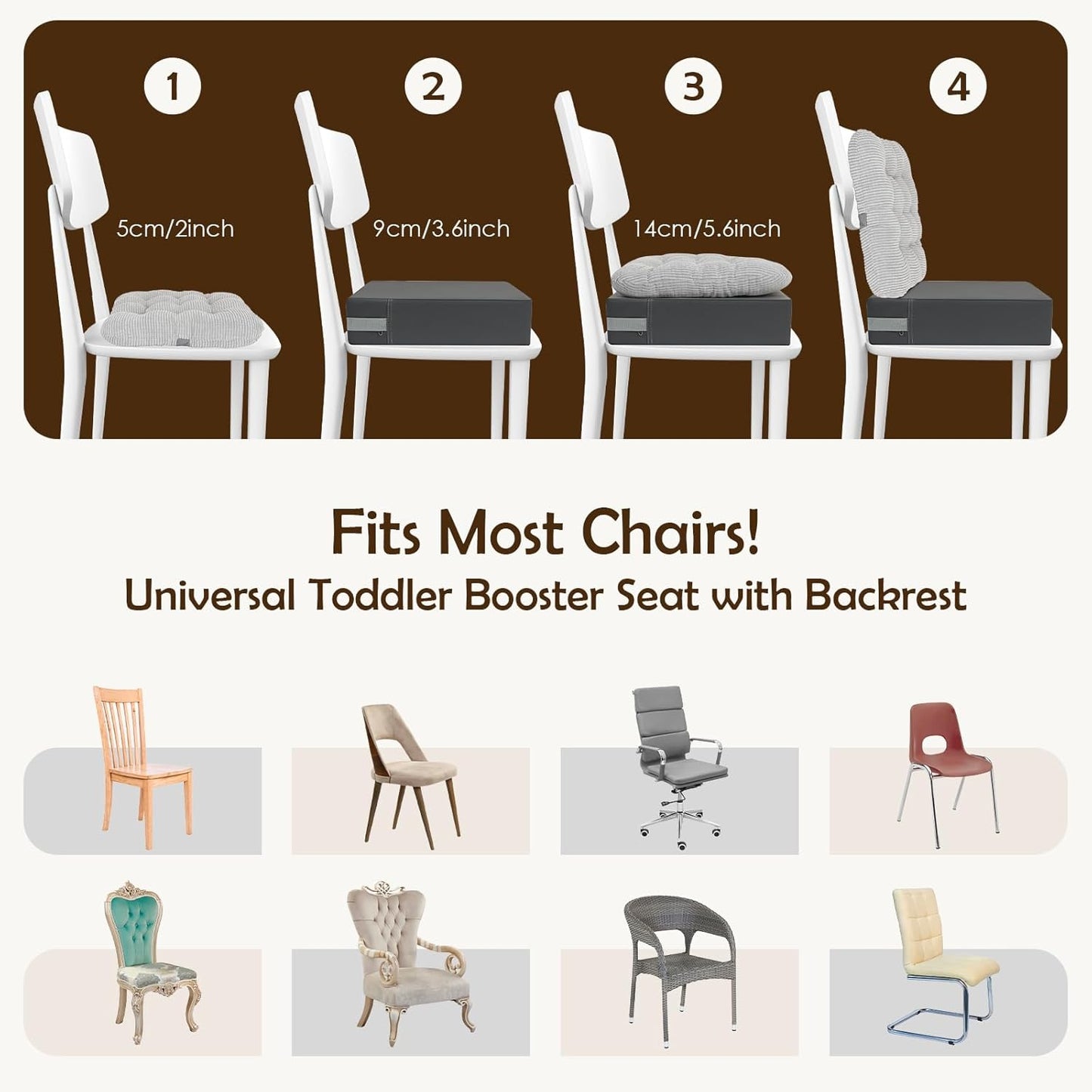 Booster Seat for Kitchen Chair with Comfy Backrest and Adjustable Safety Buckles,Non-Slip Kid Toddler Booster Seat for Dining Table,Portable PU Travel Baby Booster Increasing Cushion Chair