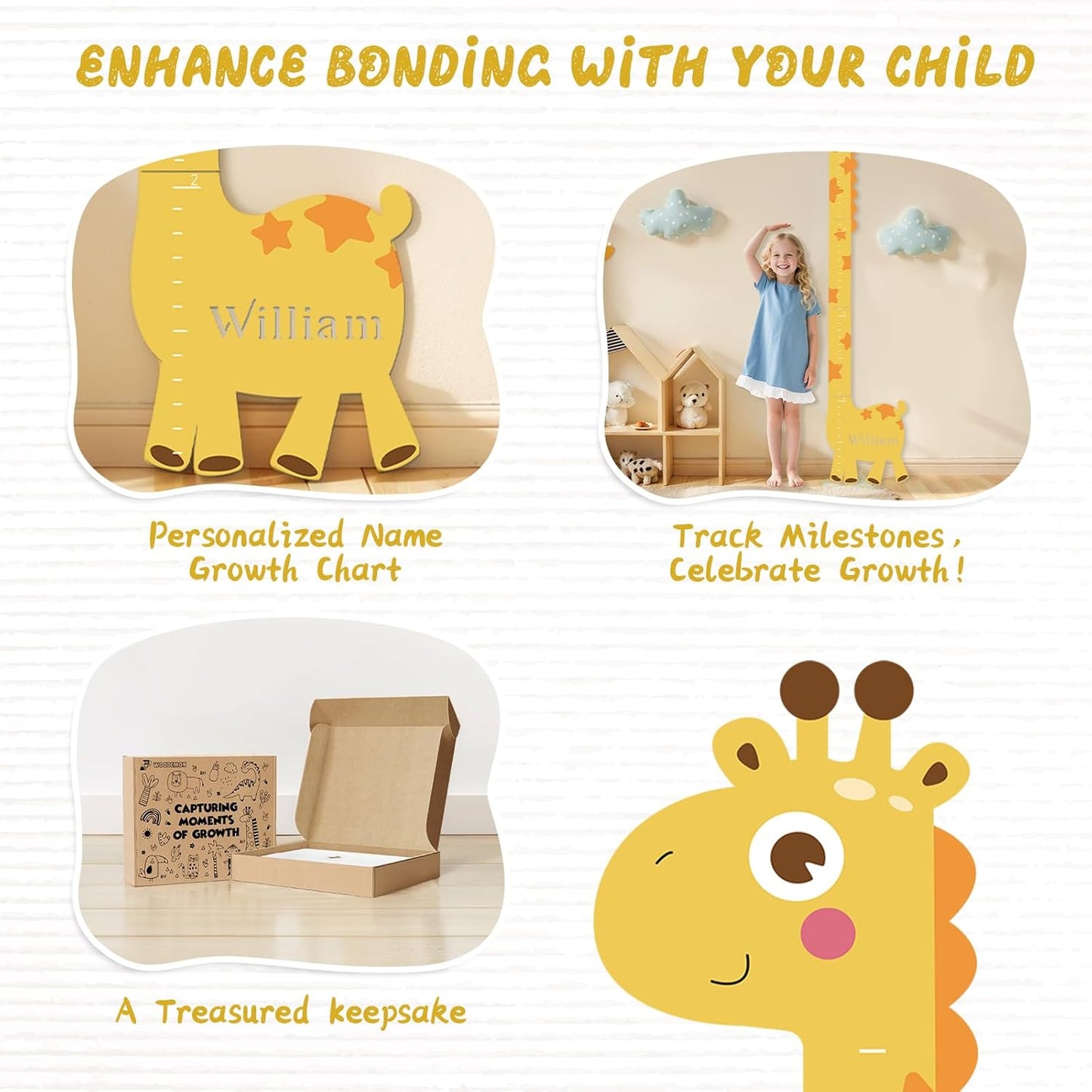 Personalized Name Growth Chart for Kids – Giraffe Height Chart for Boys and Girls, Wooden Height Chart Measuring Board 63" x 15.3"