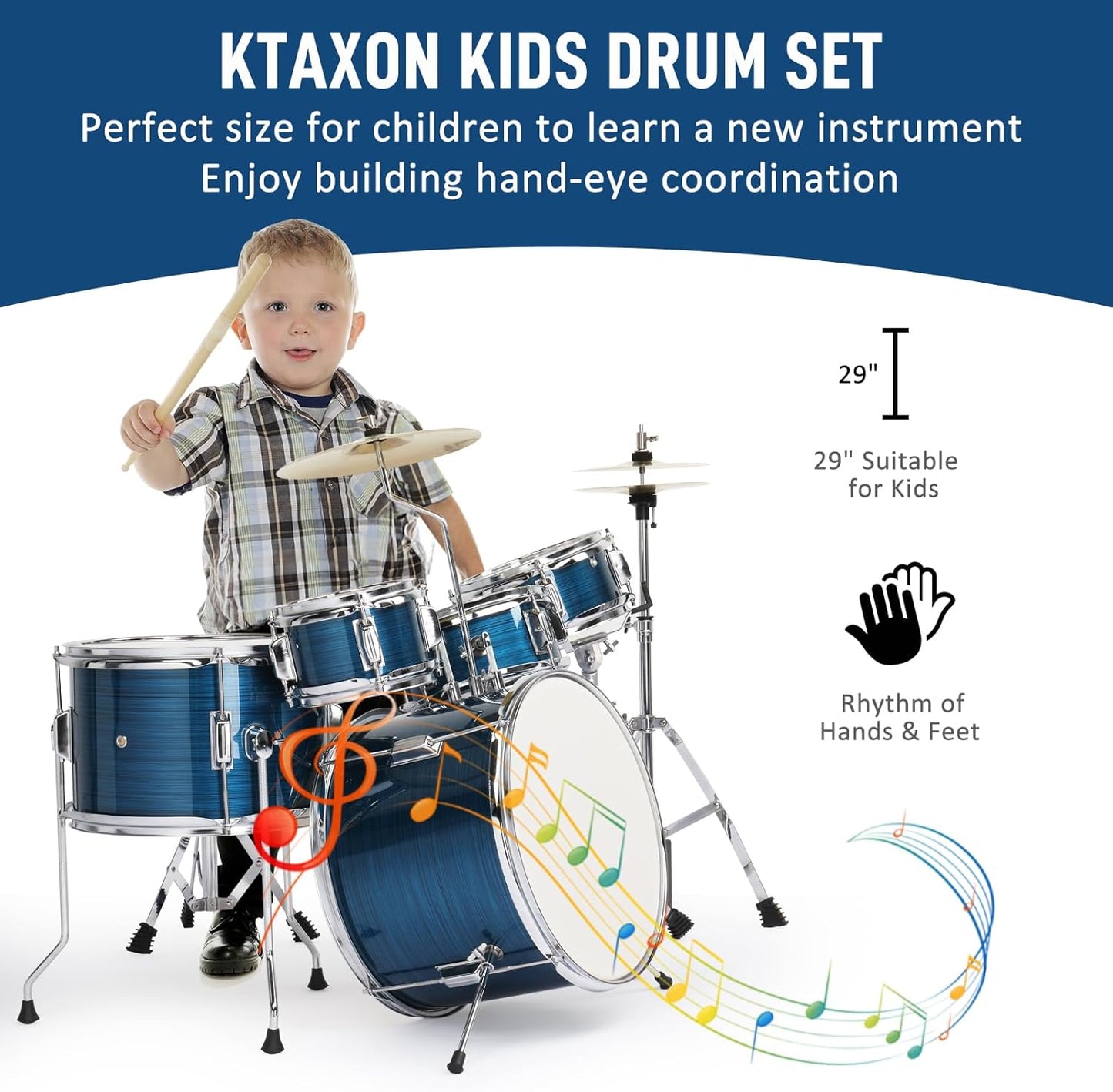 Ktaxon 5-Piece Complete Junior Drums Set, 14 Inch Beginners Drum Kit with Throne Stool, Pedal & Drumsticks, Kids Drums Musical Instruments W/Cymbal, Hi-Hat, Floor, Tom and Snare Drum (Brushed Blue)