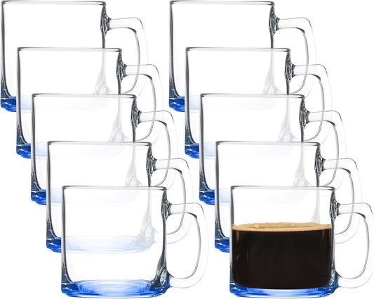 DISCOUNT PROMOS Small Glass Coffee Mugs 9 oz. Set of 10, Bulk Pack - Perfect for Coffee, Tea, Espresso, Hot Cocoa, Other Beverages - Blue