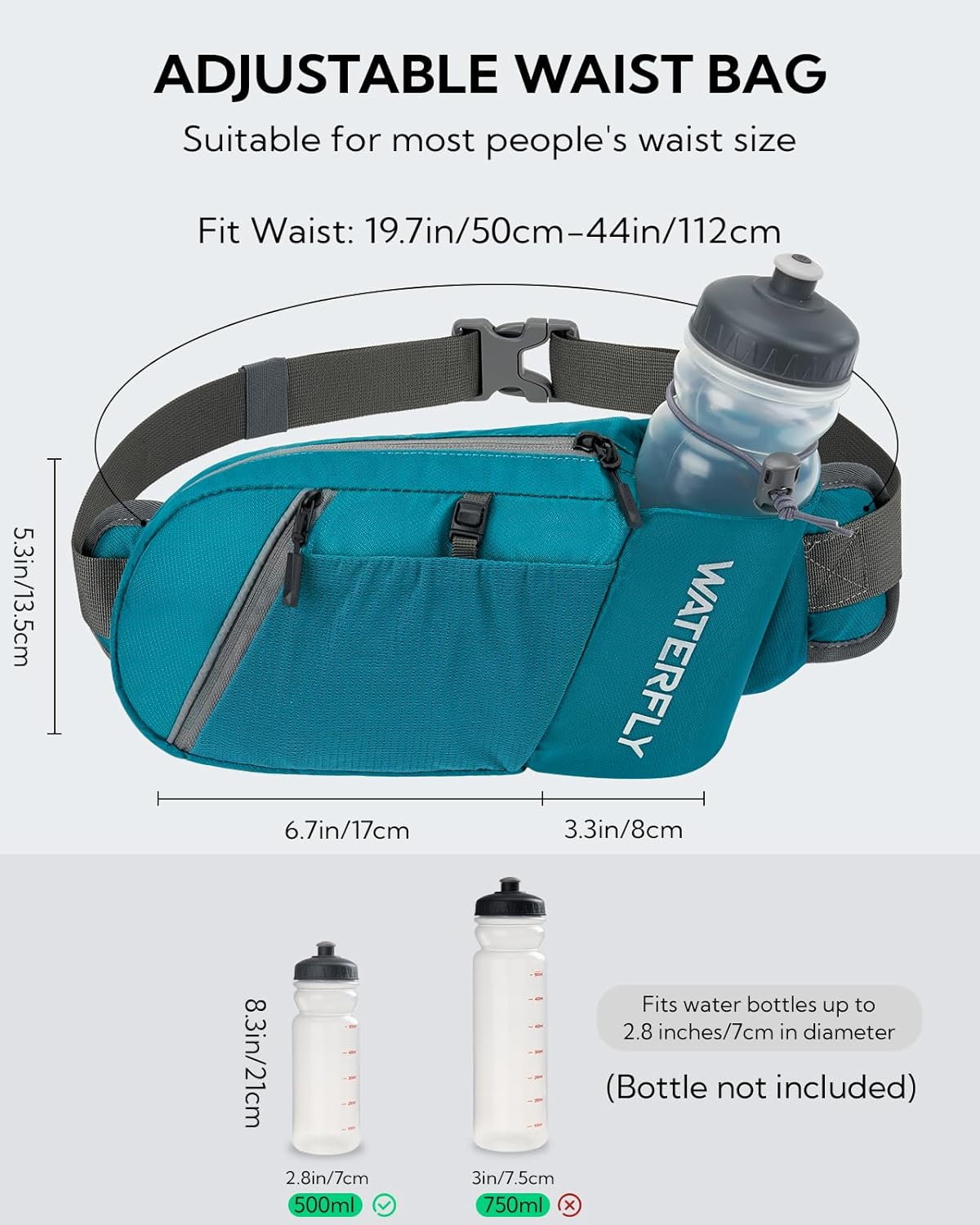 WATERFLY Fanny Pack Waist Bag: Hiking Water Bottle Holder with Strap Waist Pack for Women Men Hydration Hip Packs for Running Walking Traveling-Cyan