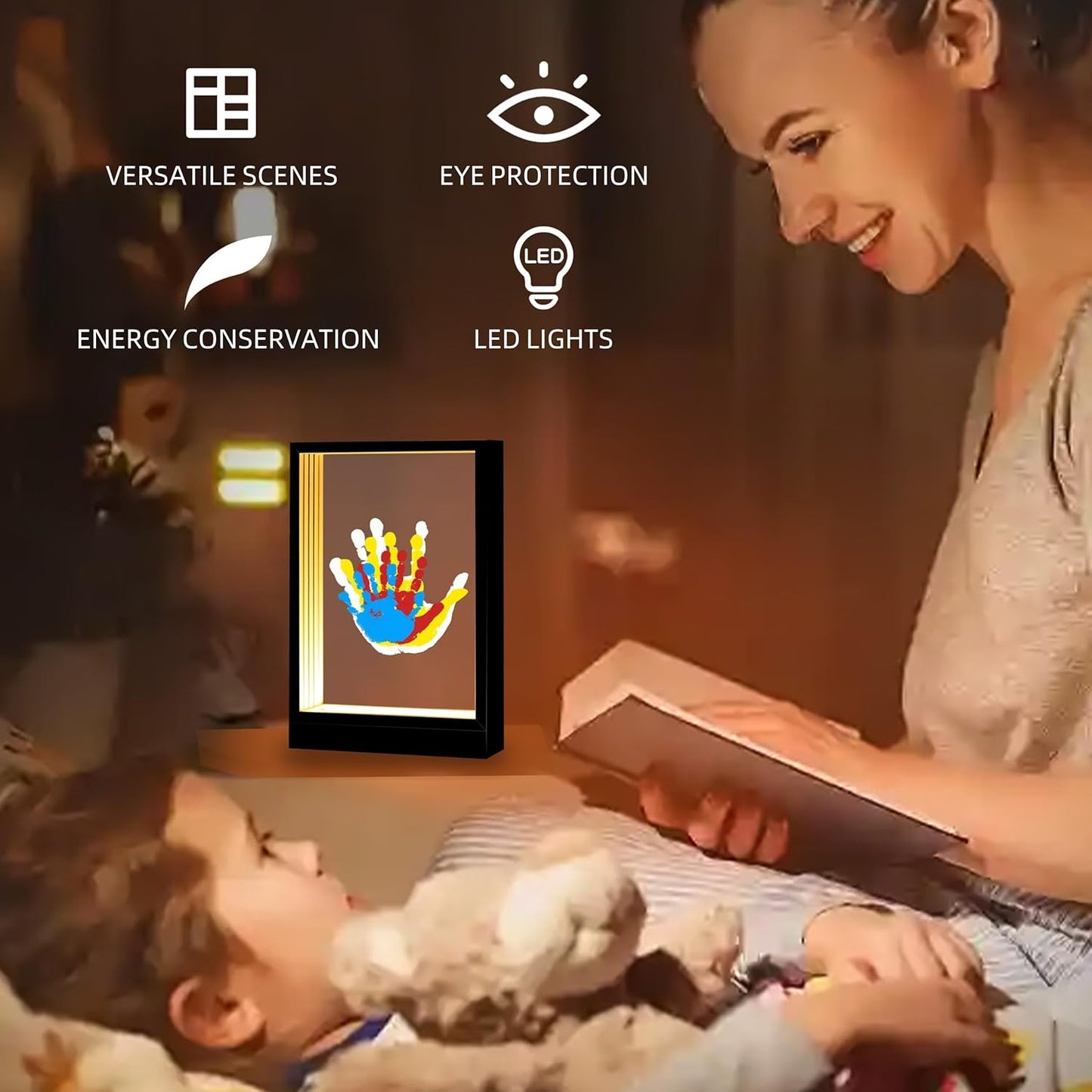 CHERRY CHEERS Family Handprint Kit with Light, Handprint Keepsake Frame, Wooden Led Light, Easy Install, No Need Screw etc, Non-Toxic Paints (Black)