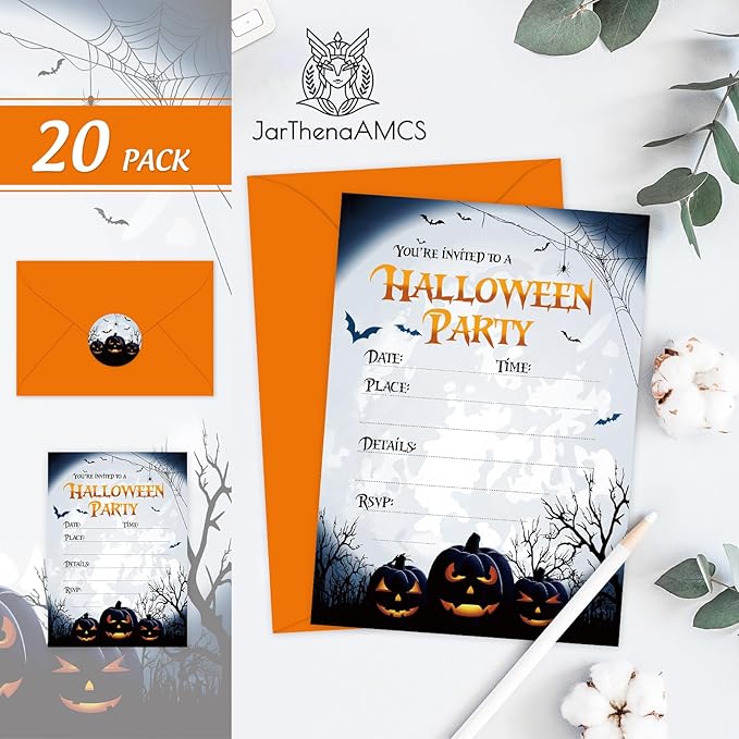20 Pack Halloween Invitations with Envelopes Stickers Spooky Pumpkin Invitation Cards Blank Invites for Party Supplies, 5 x 7 Inch
