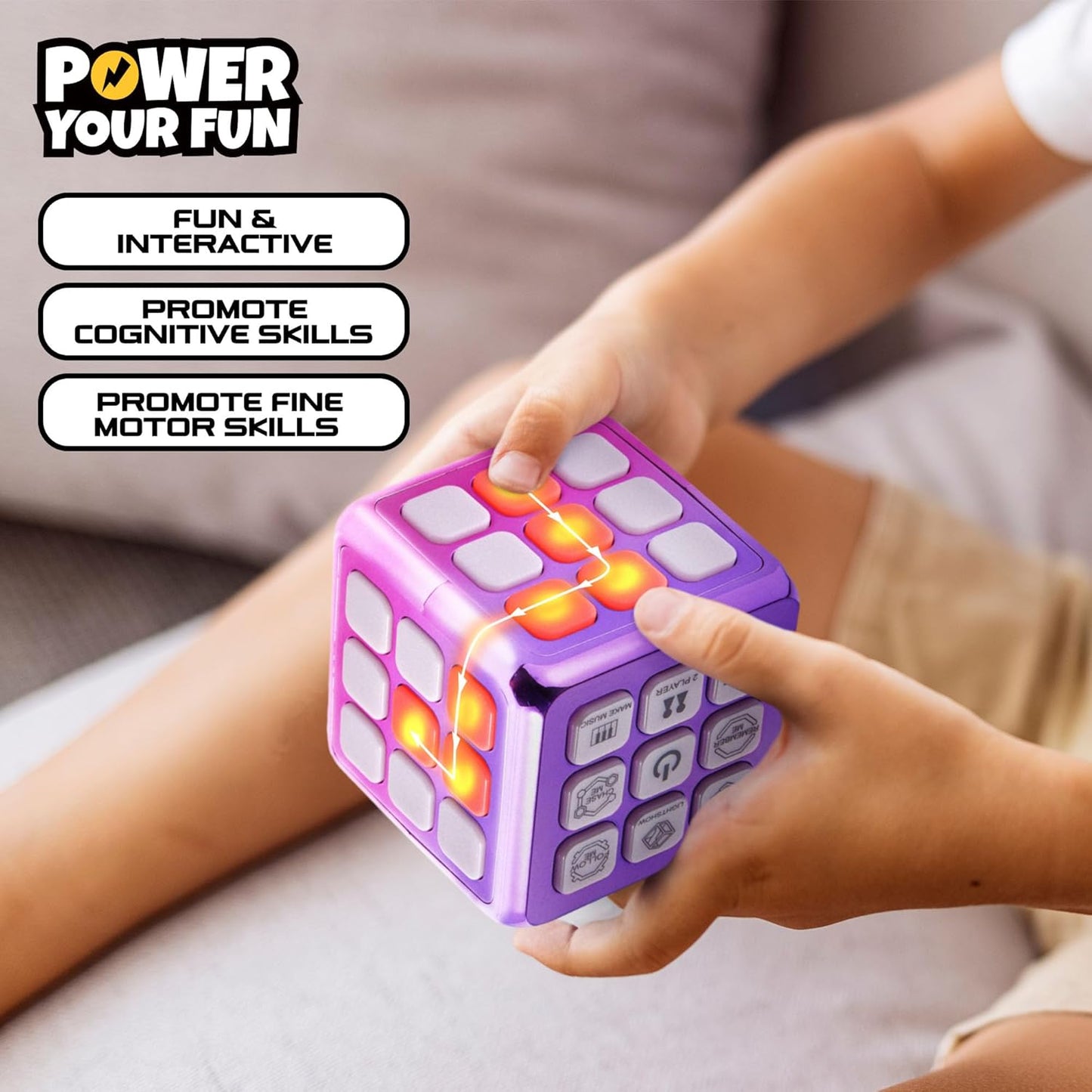 Power Your Fun Cubik LED Flashing Cube Memory Game - Electronic Handheld Game STEM Toy, 5 Brain Memory Games for Kids Brain Play Sensory Toys Puzzle Fidget Toy Light Up Cube (Metallic Pink/Purple)