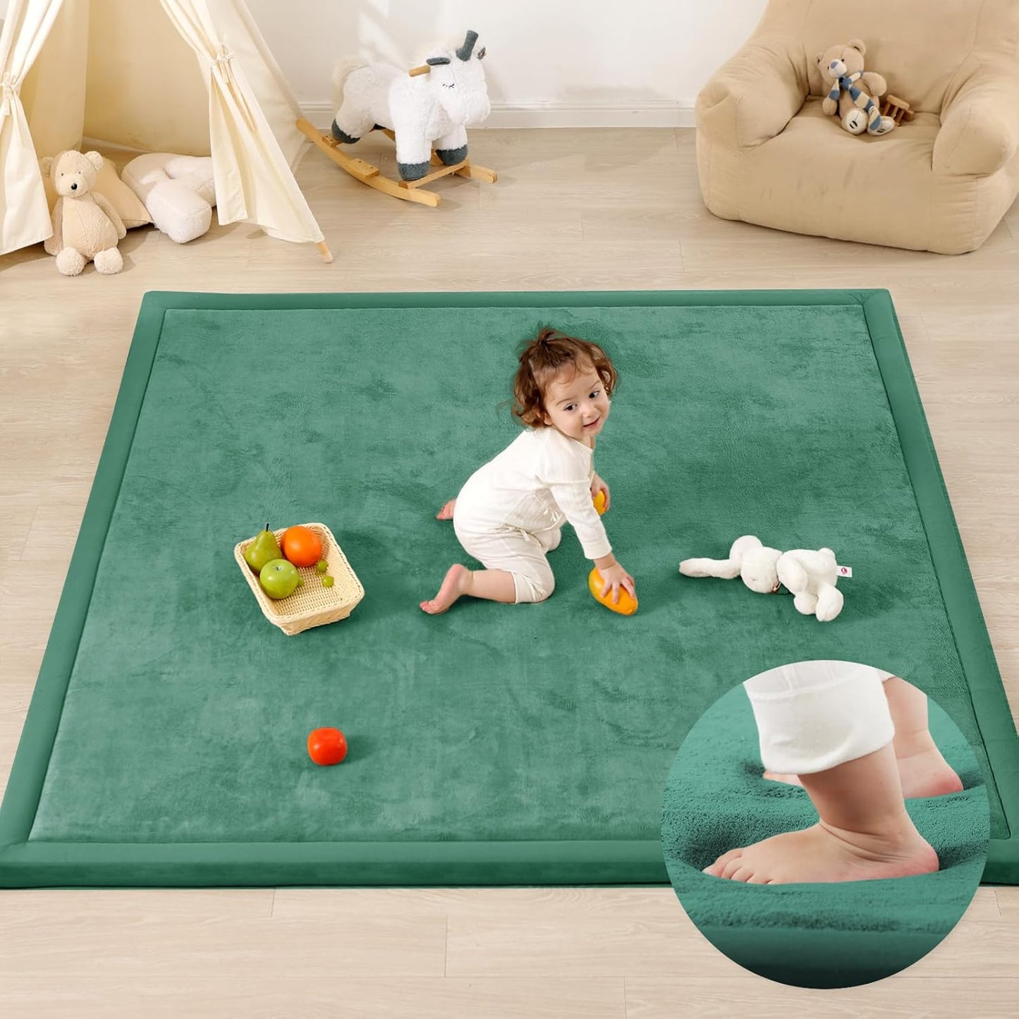 Ultra Soft Baby Play Mat,1.3" Thick Elasti-Foam Tummy Time Mat for Infants,Toddlers,Kids,Water-Repellent Coral Fleece Nursery Rug,Non-Slip Safe for Crawling&Hardwood Floors(Emerald)