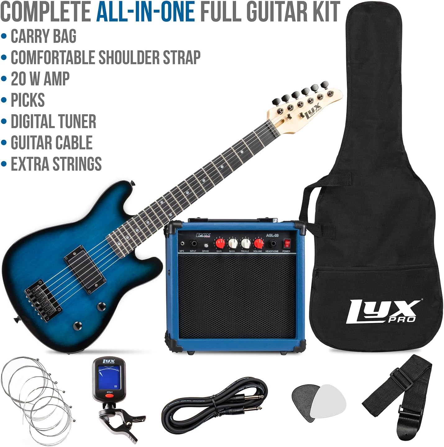 LyxPro 30 Inch Electric Guitar and Starter Kit for Kids with 3/4 Size Beginner’s Guitar, Amp, Six Strings, Two Picks, Shoulder Strap, Digital Clip On Tuner, Guitar Cable and Soft Case Gig Bag - Blue