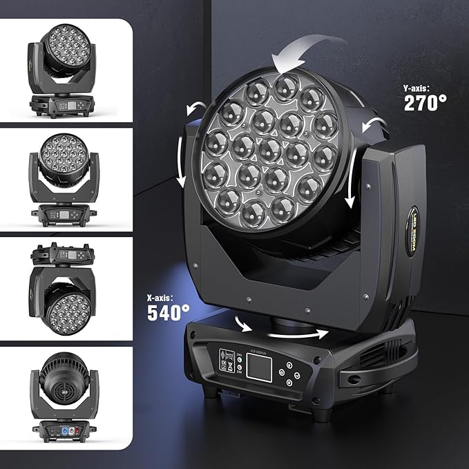 19x10W Moving Head Light Focusing/Beam/Wash/Zoom Effect Stage Lights 4-in-1 LED DMX512 & Sound Activated Control for DJ Disco Nightclub KTV Bar Theater Shopping Mall (2 PCS)