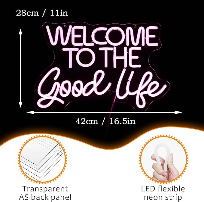 Welcome To The Good Life Neon Sign Letter LED Neon Lights Dimmable USB Powered 16.5’’X11’’Cool Wall Decorative Light Bedroom Kids Room Birthday Party Bar Decoration Gifts for Friend（Pink）