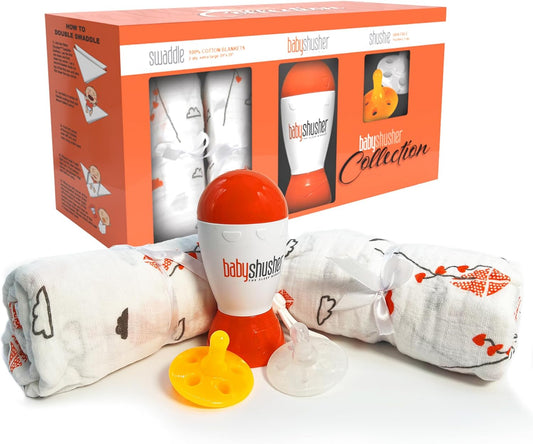 Baby Shusher Gift Set - Includes Portable White Noise Sound Machine, 2 Shushie Pacifiers, and 2 Cotton Swaddles, Travel Friendly Baby Soother for Developing Sleep Routines