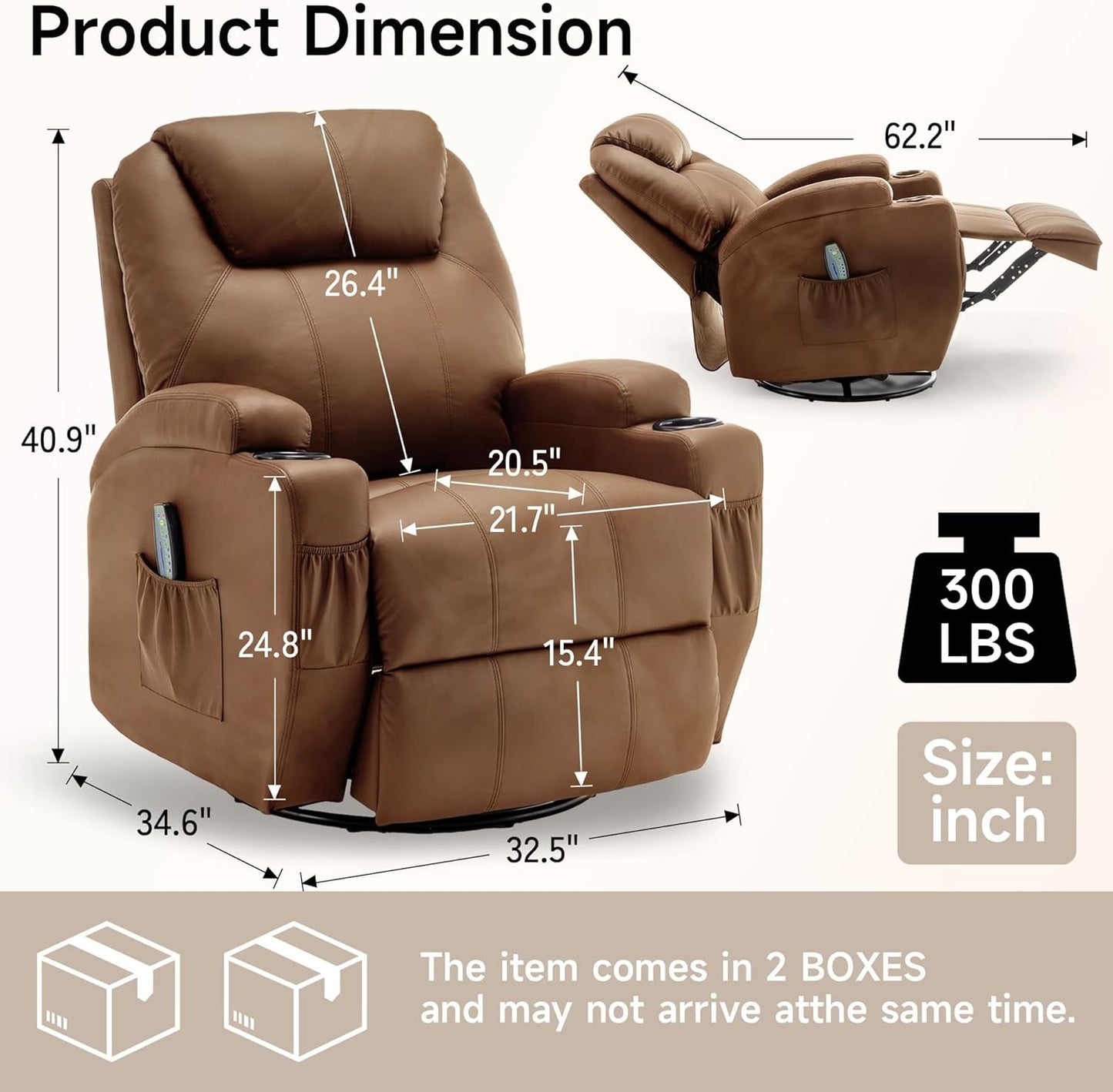 Recliner Chair, Rocking Chair with Massage and Heat, 360° Swivel Recliner Chairs for Adults, Rocker Manual Recliner with Remote Control and Cup Holder for Living Room, Bedroom, Nursery