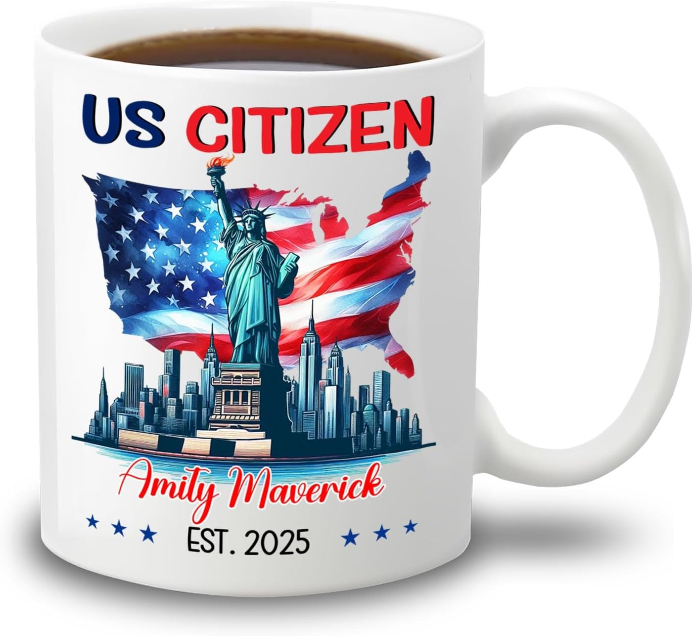 Customized Year & Name American Flag White Mug Gift For Dad Mom Friend Bestie, Unique New US Citizen Ceramic Coffee Cup 11 15Oz, Personalized US Citizenship Travel Coffee Mug, American Citizen Teacup