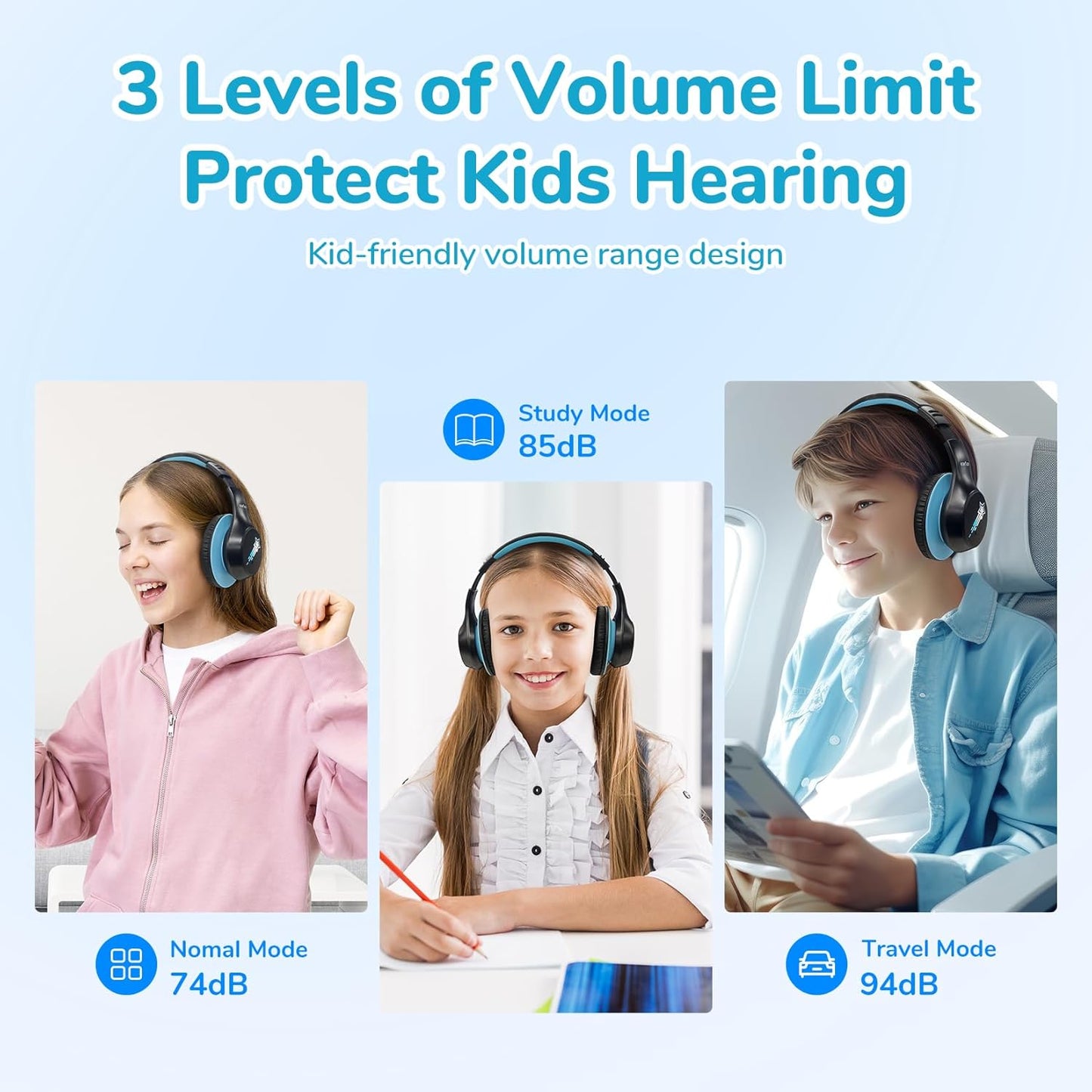 EarFun K4 Kids Bluetooth Headphones, Wireless Headphones with LED Lights, 74/85/94dBA Volume Limited, Built-in Mic, 90H Playtime, Bluetooth 5.4 Over Ear Headphone for iPad/Tablet/School, Dark Black