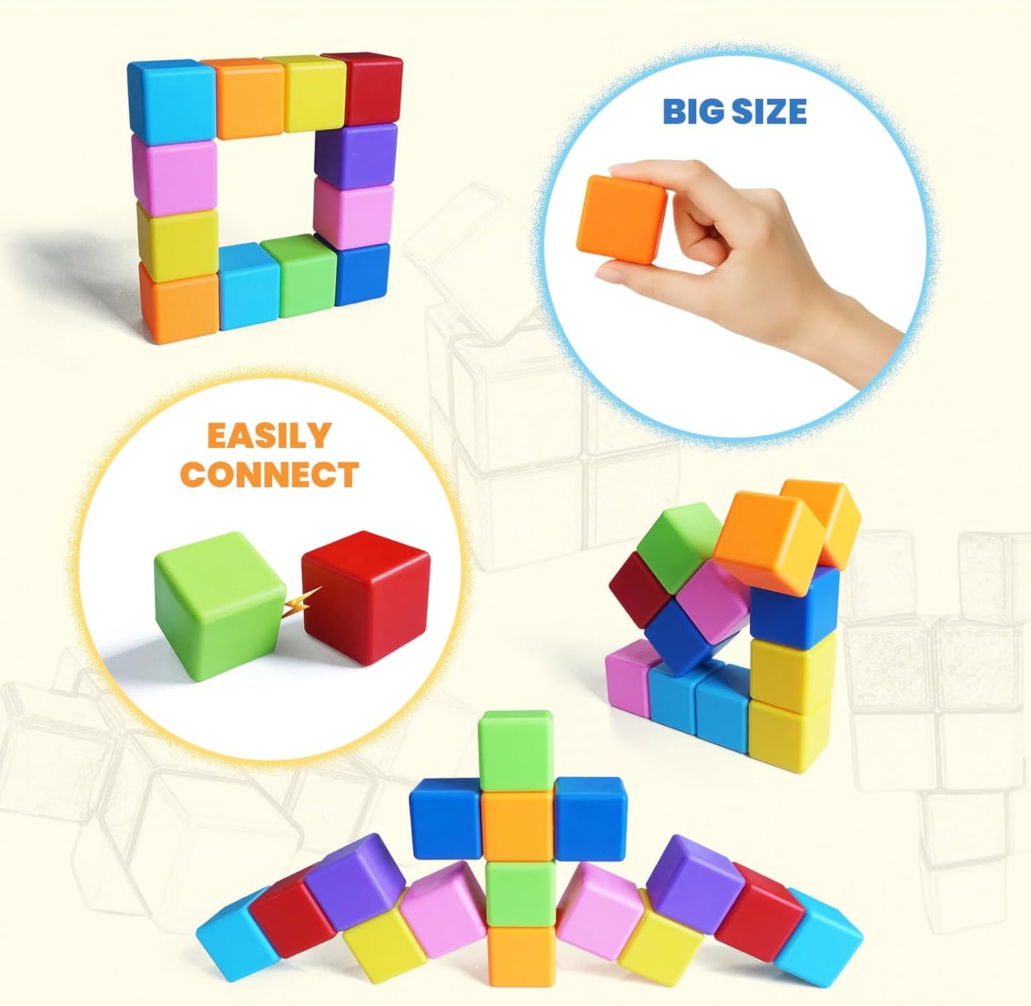 Large Magnetic Building Blocks in 8 Colors, 1.65 Inch Magnet Cubes for Sensory Education, STEM Learning Stacking Toys for Toddlers, 1 2 3 Years Old Boys & Girls Birthday Gifts (16PCS)
