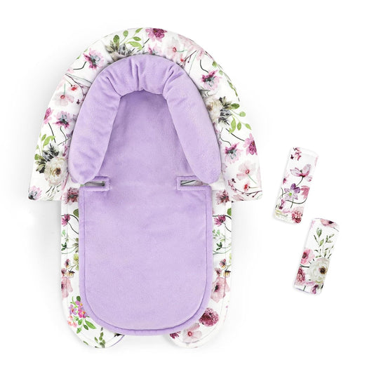 GFU Baby Car Seat Head Support for Newborn, 2 in 1 Infant Car Seat Head Body Support with Strap Pads, Soft Stroller Cushion Pillow Insert for Girls and Boys, Fits for Stroller, Swing, Purple Floral