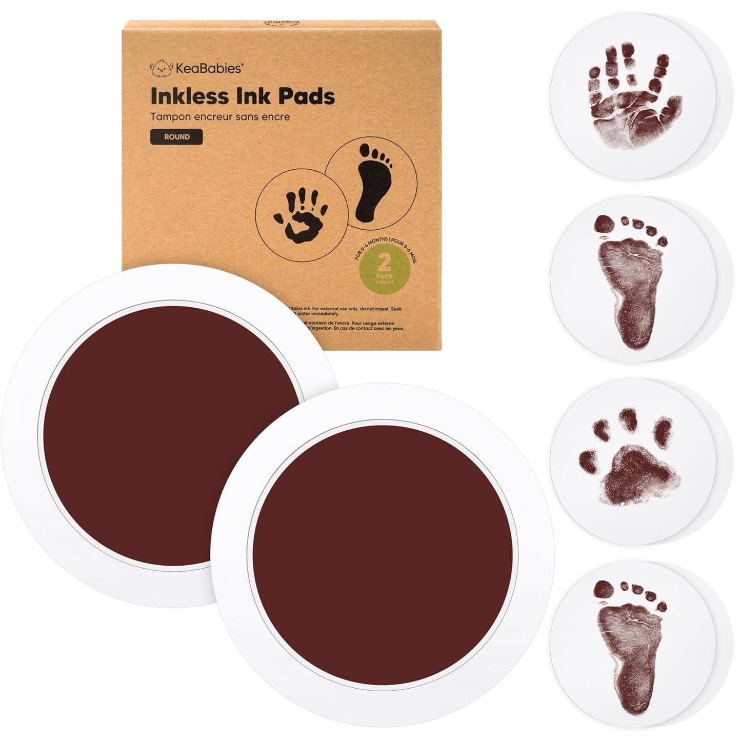 2-Pack Round Inkless Baby Hand and Footprint Kit - Mess Free Ink Pad for Newborn Keepsake, Dog Nose & Paw Print Kit, Clean Touch Ink Pad for Baby Hand & Footprints, Ideal New Mom Gifts (Auburn)