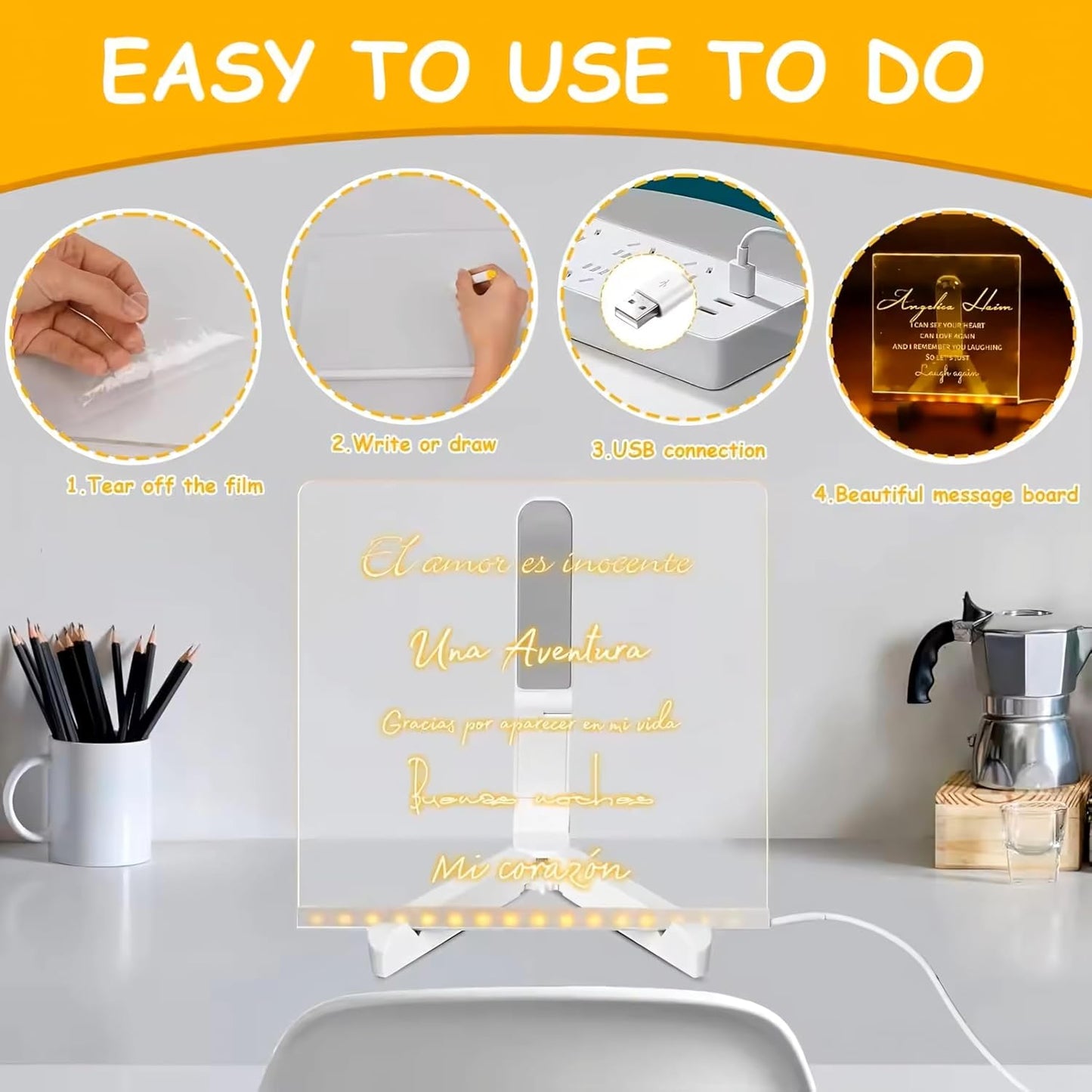 Small Acrylic Dry Erase Board with Light Light up Drawing Board with Stand as a Glow Memo LED Letter Message Board Note Glass Led Board White Board with 7 Pen for Office School Home (Small)