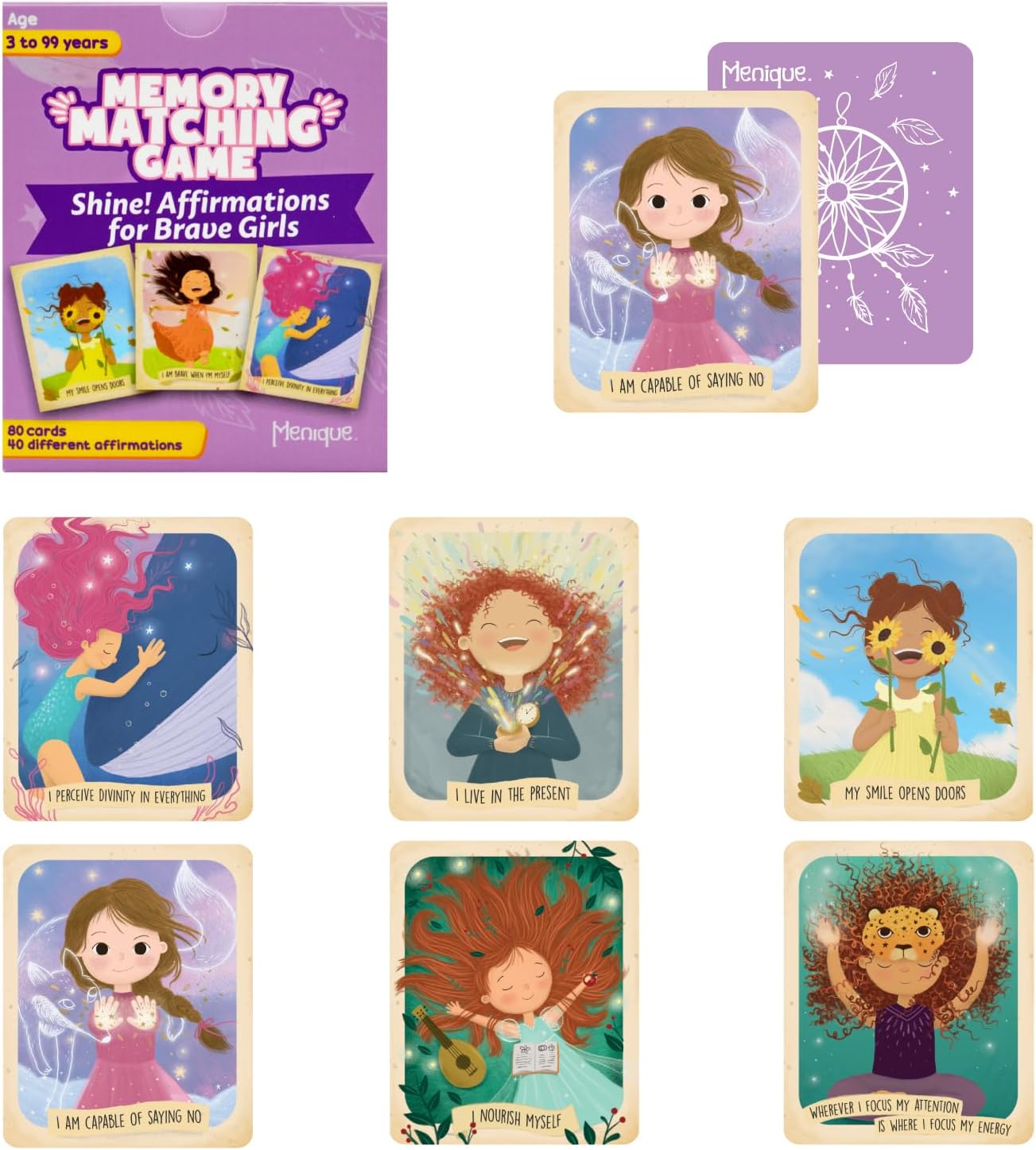 Menique Shine Memory Matching Game – 80 Cards (40 Pairs) with Positive Affirmations for Brave Girls – Motivational & Mindful Matching Game for Confidence and Self-Love