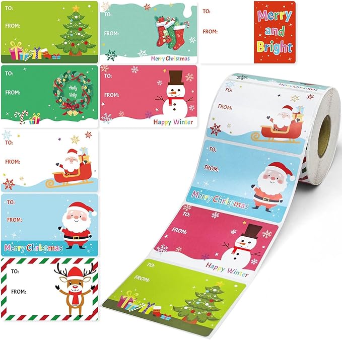500 PCS Christmas Gift Tags, Self Adhesive Santa Claus Stickers, Festive Holiday Name Labels for Wrapping Paper Presents Decor, 8 Designs