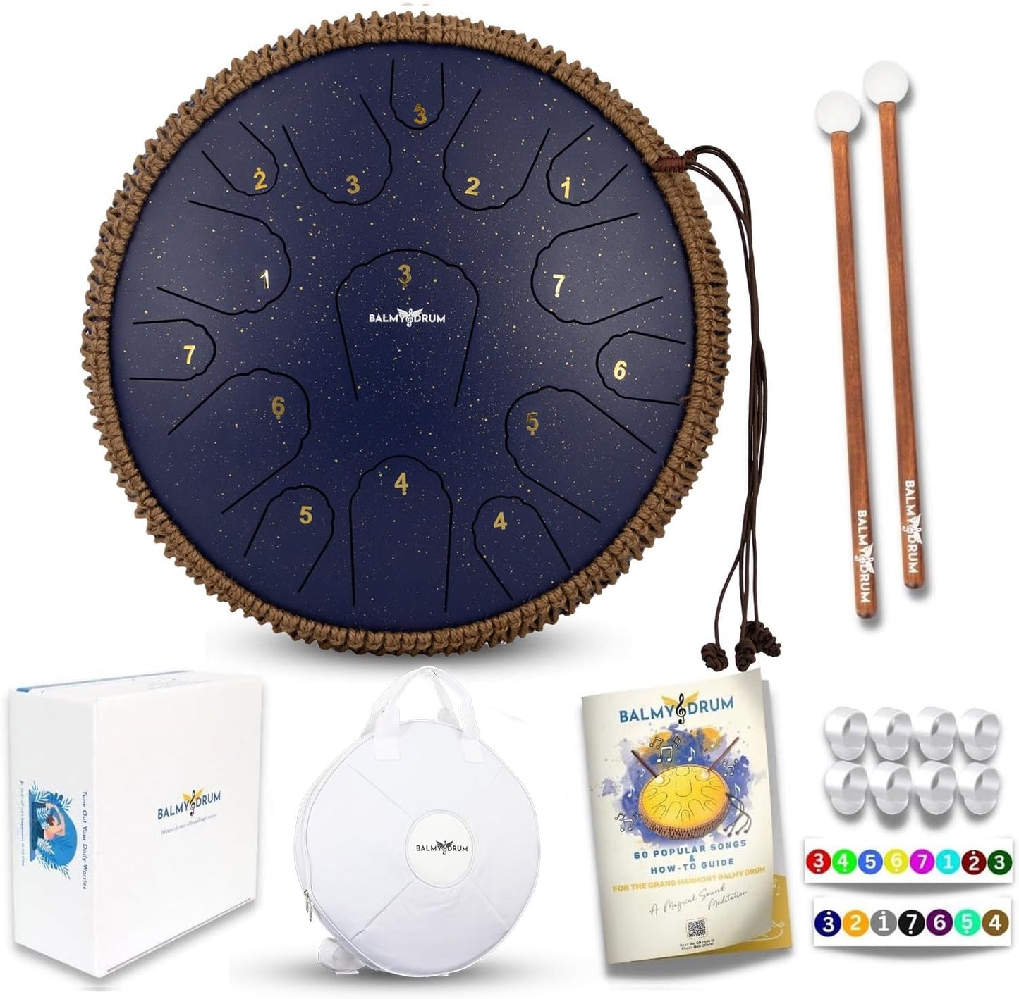The Balmy Drum - 15 Note 14 Inch Steel Tongue Drum, Steel Drum Instrument, Drums For Children and Adults, Balmy Drum Set for Kids with Music Book, Handpan, Mallet and Carry Bag (Blue)