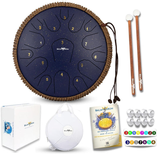 The Balmy Drum - 15 Note 14 Inch Steel Tongue Drum, Steel Drum Instrument, Drums For Children and Adults, Balmy Drum Set for Kids with Music Book, Handpan, Mallet and Carry Bag (Blue)