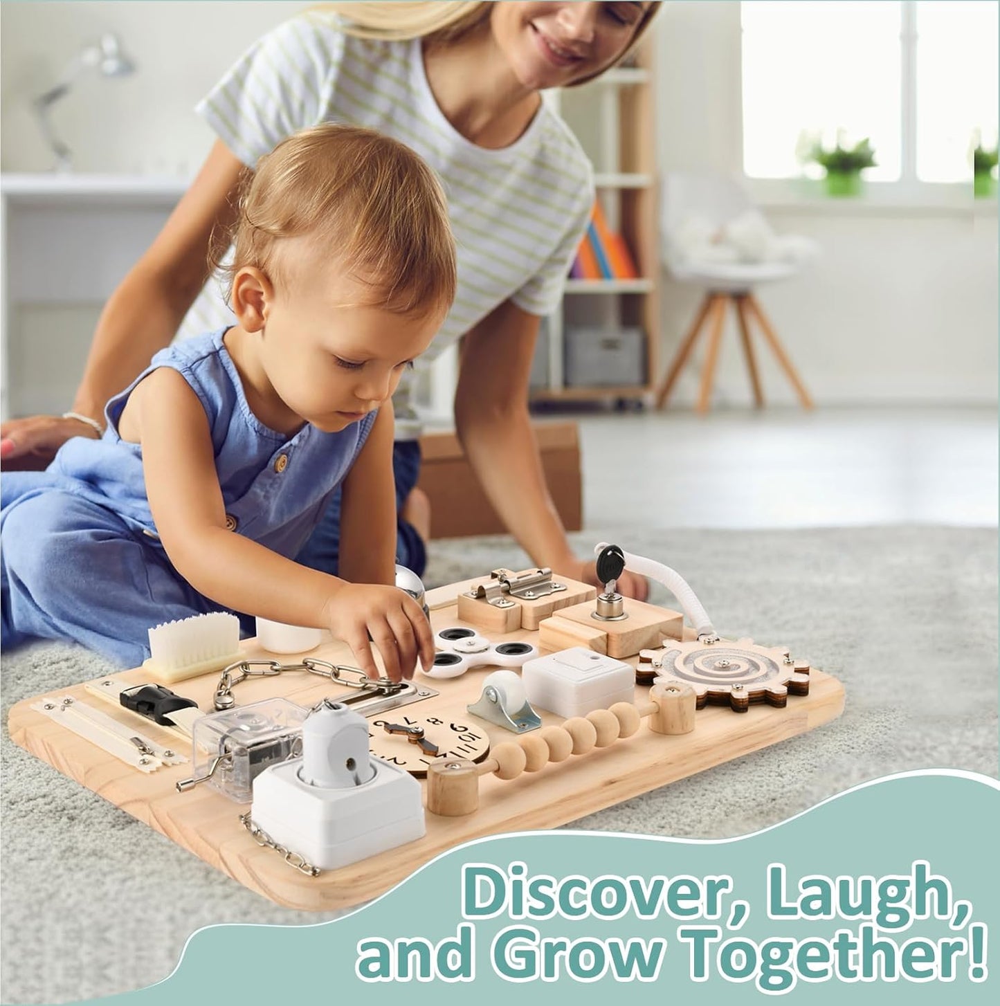 Wooden Busy Board for Toddlers - Montessori Sensory Activity Board for Fine Motor Skills and Early Learning - Travel Toys for Kids - Sensory Toys for autism or ADHD - Ideal for Educational Gifts