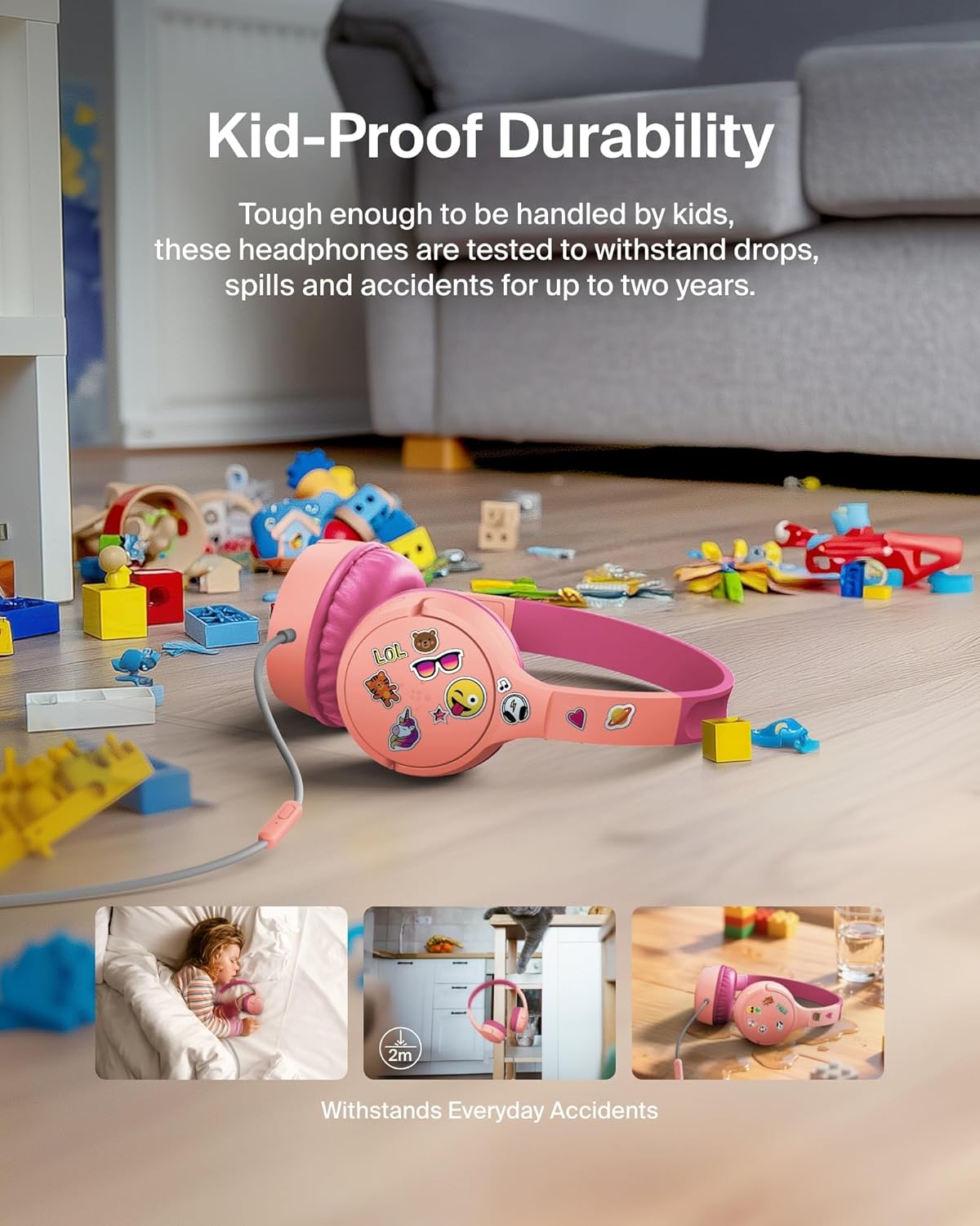 Belkin SoundForm Mini Kids Wired Headphones w/USB C to 3.5mm Dongle, Built-in Mic & Fun Stickers, 85dB Max Volume – for Online Learning, Travel, Compatible w/iPhone 16, iPad, Galaxy S25, etc - Pink