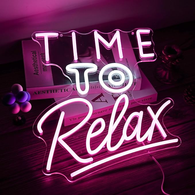 Time To Relax Neon Sign Pink White Letter Led Neon Lights Wall Decor Dimmable Relax Light Up Signs USB Powered with Switch Neon Signs for Spa Massage Bedroom Decor Bar Party Wedding