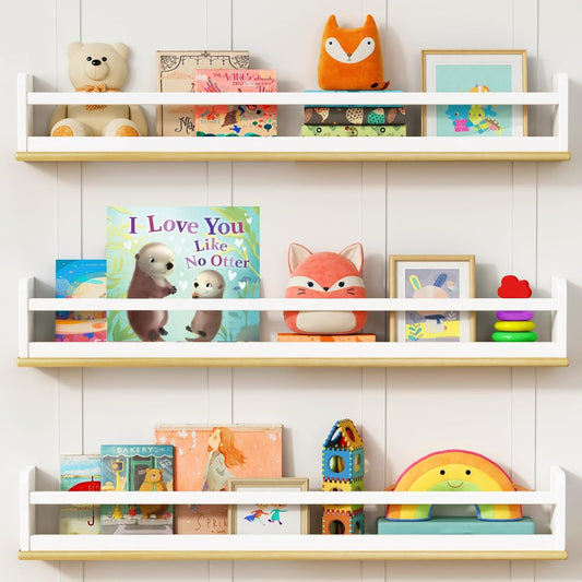 Upgraded Wall Bookshelf for Kids Room 36 Inches Long, White and Wood Nursery Floating Bookshelves for Wall, Hanging Book Shelves for Toddler Kid Child Bedoom Classroom Library-Set of 3