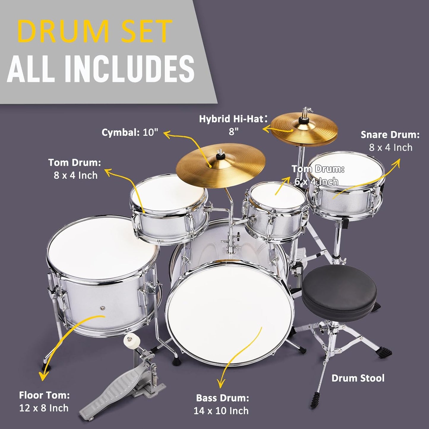 Ktaxon 5-Piece Complete Junior Drums Set, 14 Inch Beginners Drum Kit with Throne Stool, Pedal & Drumsticks, Kids Drums Musical Instruments W/Cymbal, Hi-Hat, Floor, Tom and Snare Drum (Silver)