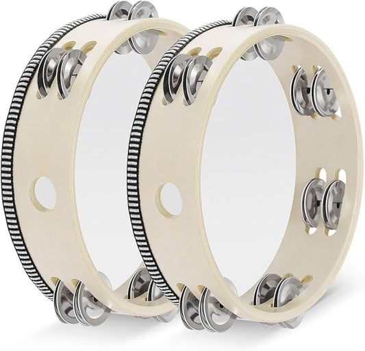 Flexzion Wood Handheld Tambourine for Kids (2 Pack) 8 Inch Double Row 12 Pair Jingles, Hand Held Percussion Drum Moon Musical Instrument with Metal Bell