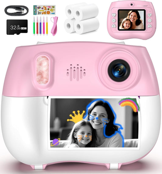 Kids Instant Print Camera Selfie Function - Front Rear Dual Kid Camera with 1080P Video for Girls Ages 3-12, Toddler Portable Travel Print Digital Camera for 3 4 5 6 7 8 9 10 11 12 Year Old Pink
