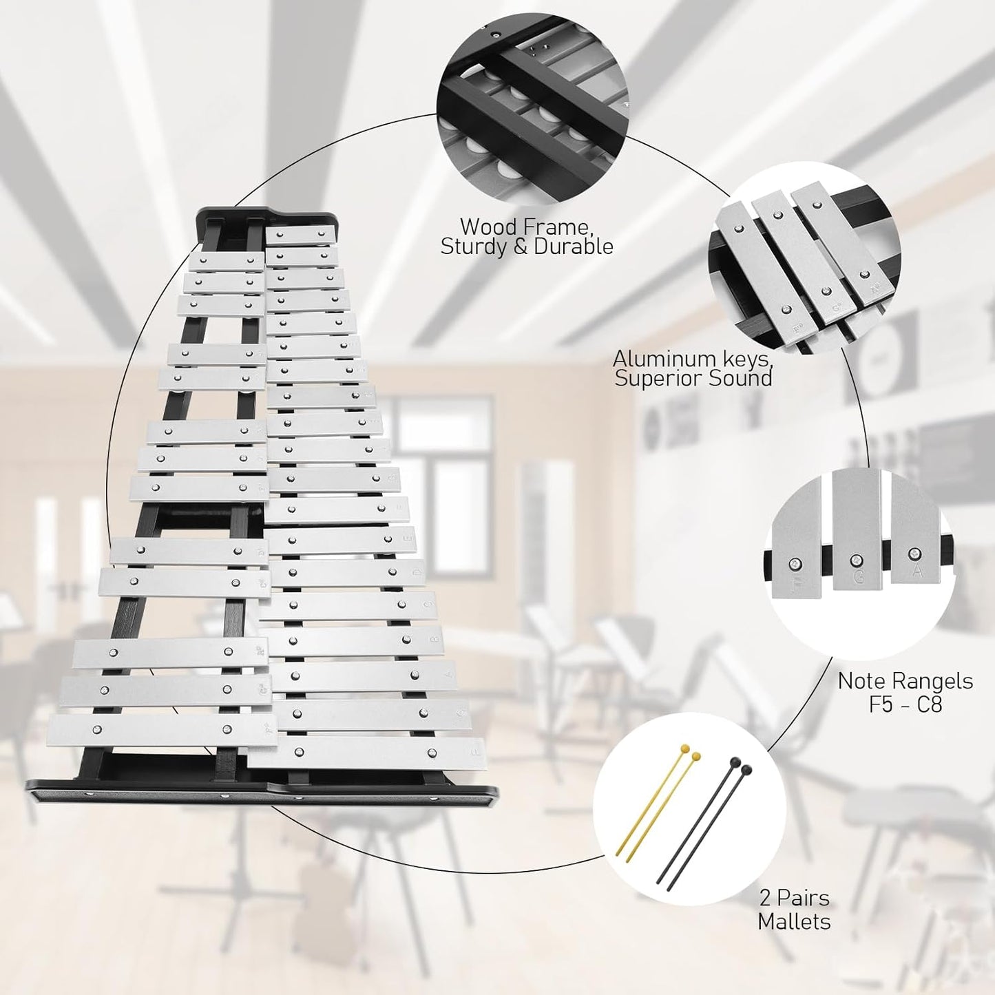 32 Note Glockenspiel Xylophone Percussion Kit with Height Adjustable Stand, Drumsticks and Carry Bag