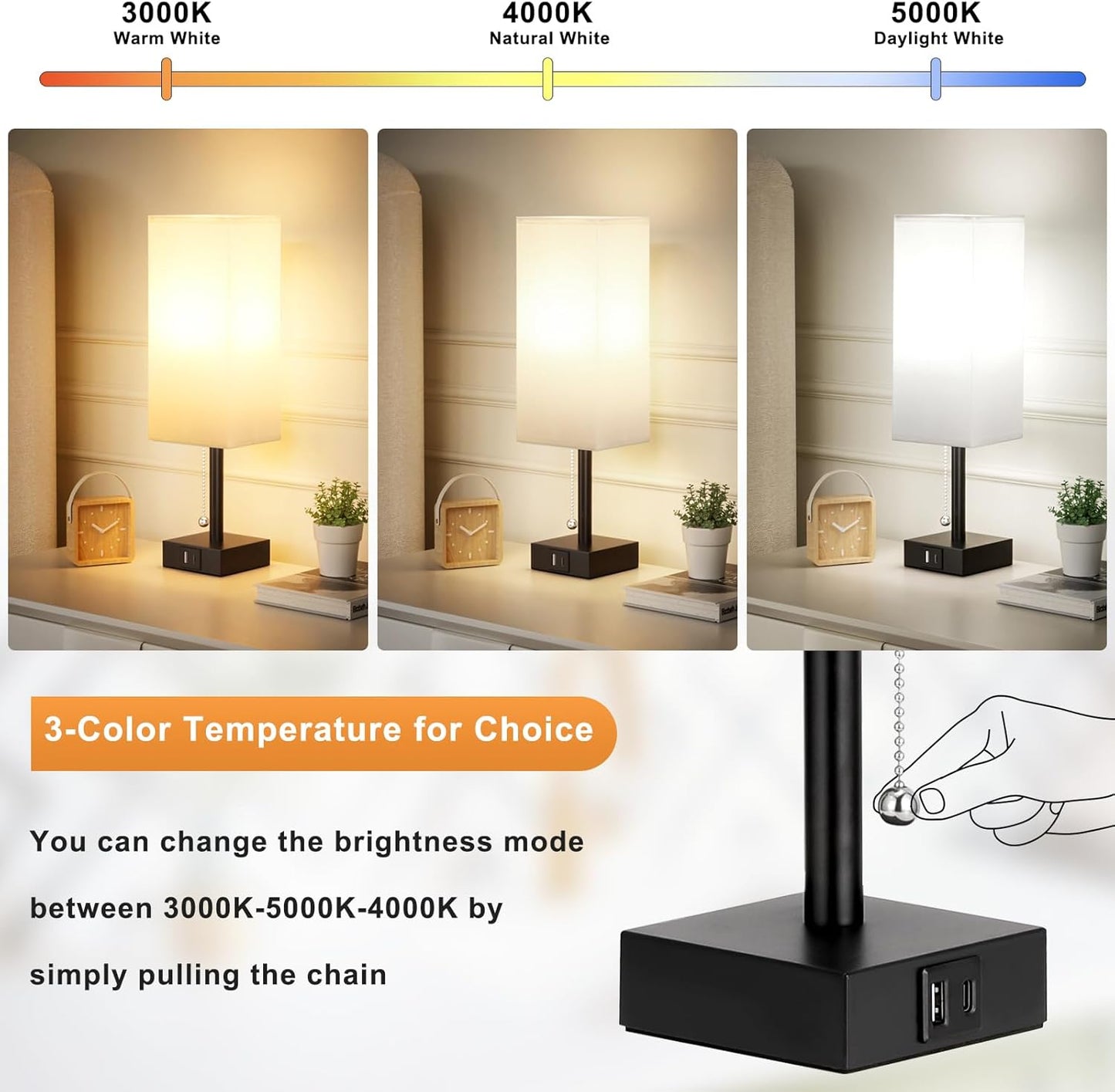 Bedside Table Lamps Set of 2 - Small White Bedroom Lamps with 3 Color Temperatures (3000K/5000K/4000K), Square Nightstand Lamp with USB C + A Charging Ports, Pull Chain Night Light