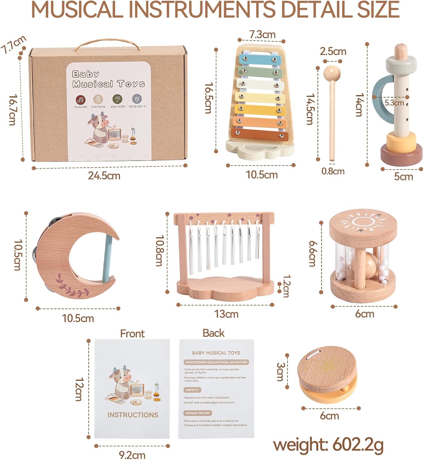 Baby Musical Instruments-Montessori Wooden Musical Toys for Toddlers | Modern Boho Kids Musical Instruments | Wooden Percussion Instruments Set Toys with Xylophone Birthday Gift