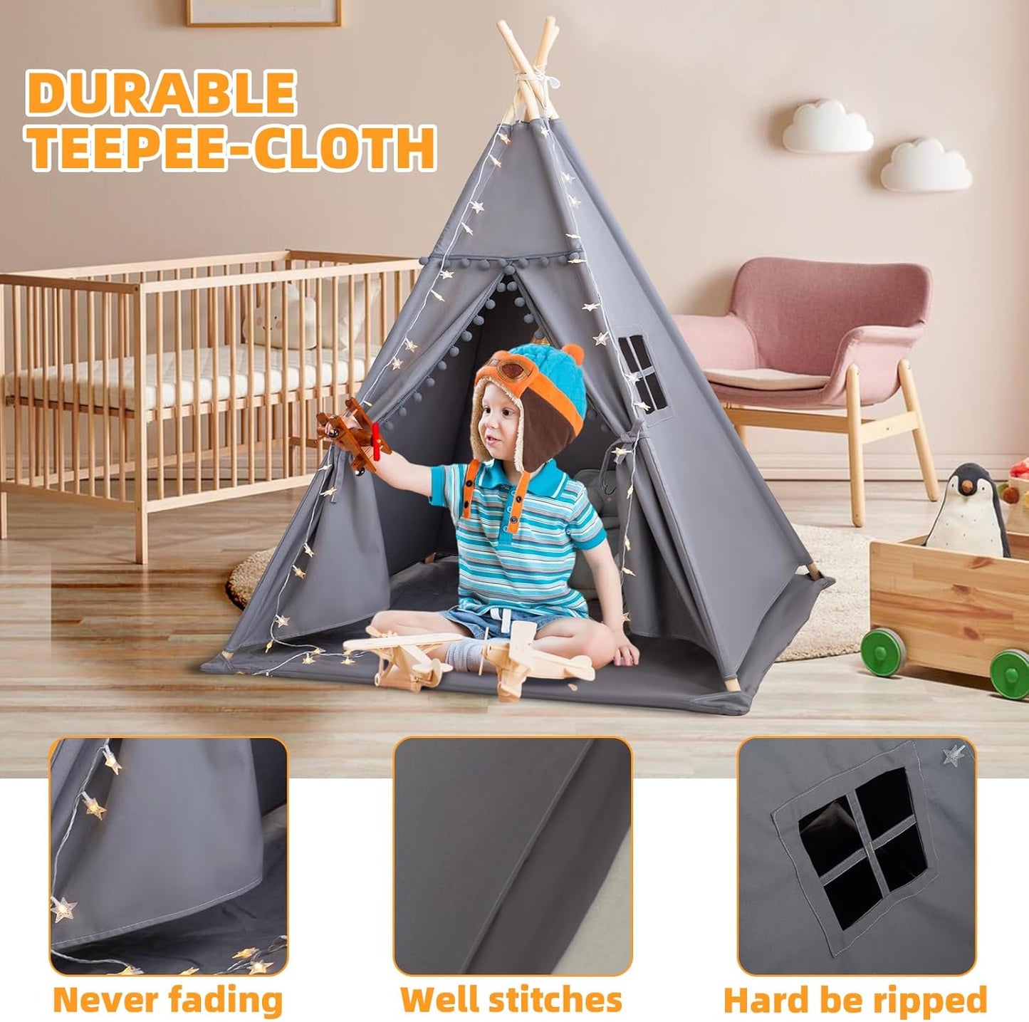 Teepee Tent for Kids with Mat, Star Lights, Carry Case, Cotton Canvas Playhouse, Foldable Tents, Portable Children Play Tent Indoor Outdoor(Grey)