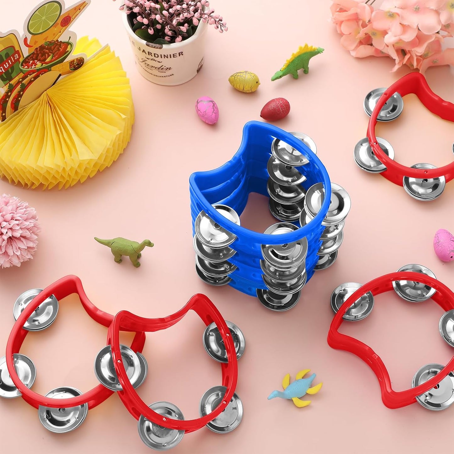 Yeshone 30 Pack Tambourine for Kids Adult Tamborines Musical Instrument Noise Makers 4 Bells Handheld Tambourines for Back to School Supplies Church Wedding Operation Christmas(Red and Blue)