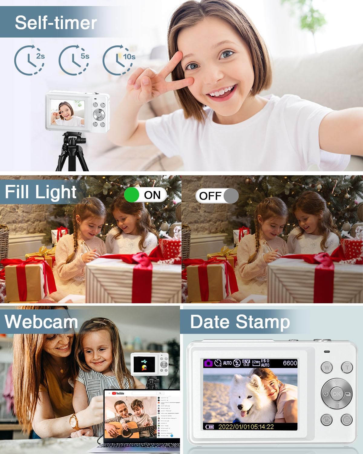 Digital Camera, Kids Camera FHD 1080P Point and Shoot Camera with 16X Zoom Anti Shake, Small Compact Camera for Teen Starter Children Kid Student Girl Boy(Pearl White)