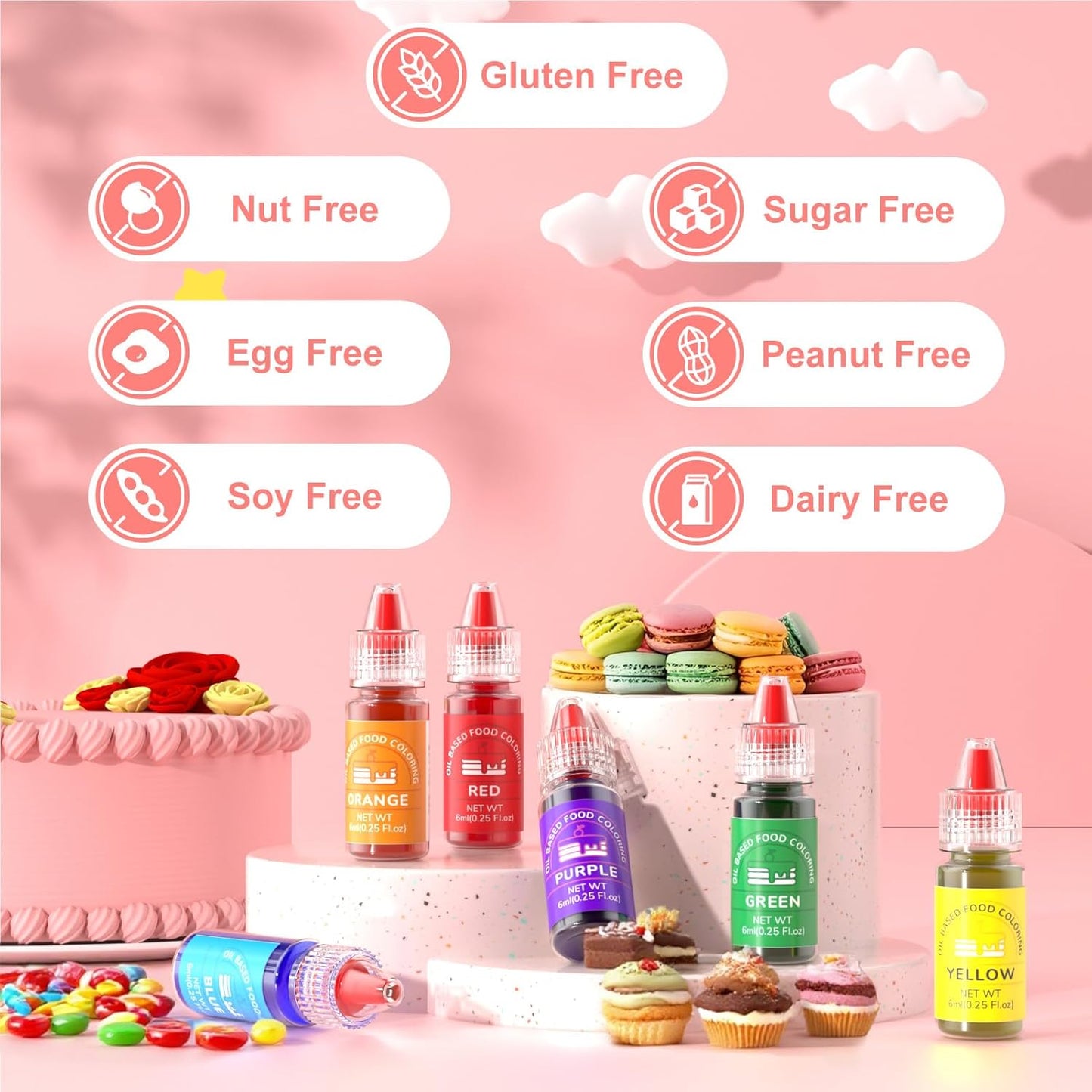 Oil Based Food Coloring for Chocolate 8 Colors Oil Edible Food Dye Set for Sugar Candy Melts Oil Royal Icing Dye for Backing Cookies Fondant Food Grade Color for Cake Decorating - 0.25 Fl. Oz/Bottles