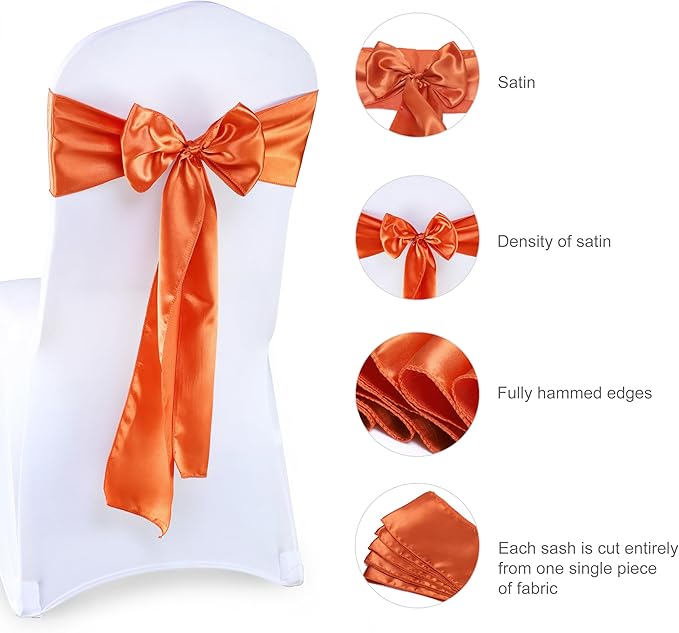 MDS Pack of 200 PCS Satin Chair Sashes Charmeuse Sateen Dining Chair Bows Ribbon Ties Back Sash for Wedding Party Birthday Home Hotel Restaurant Banquet Decoration (7 x 108 Inch, Brunt Orange)