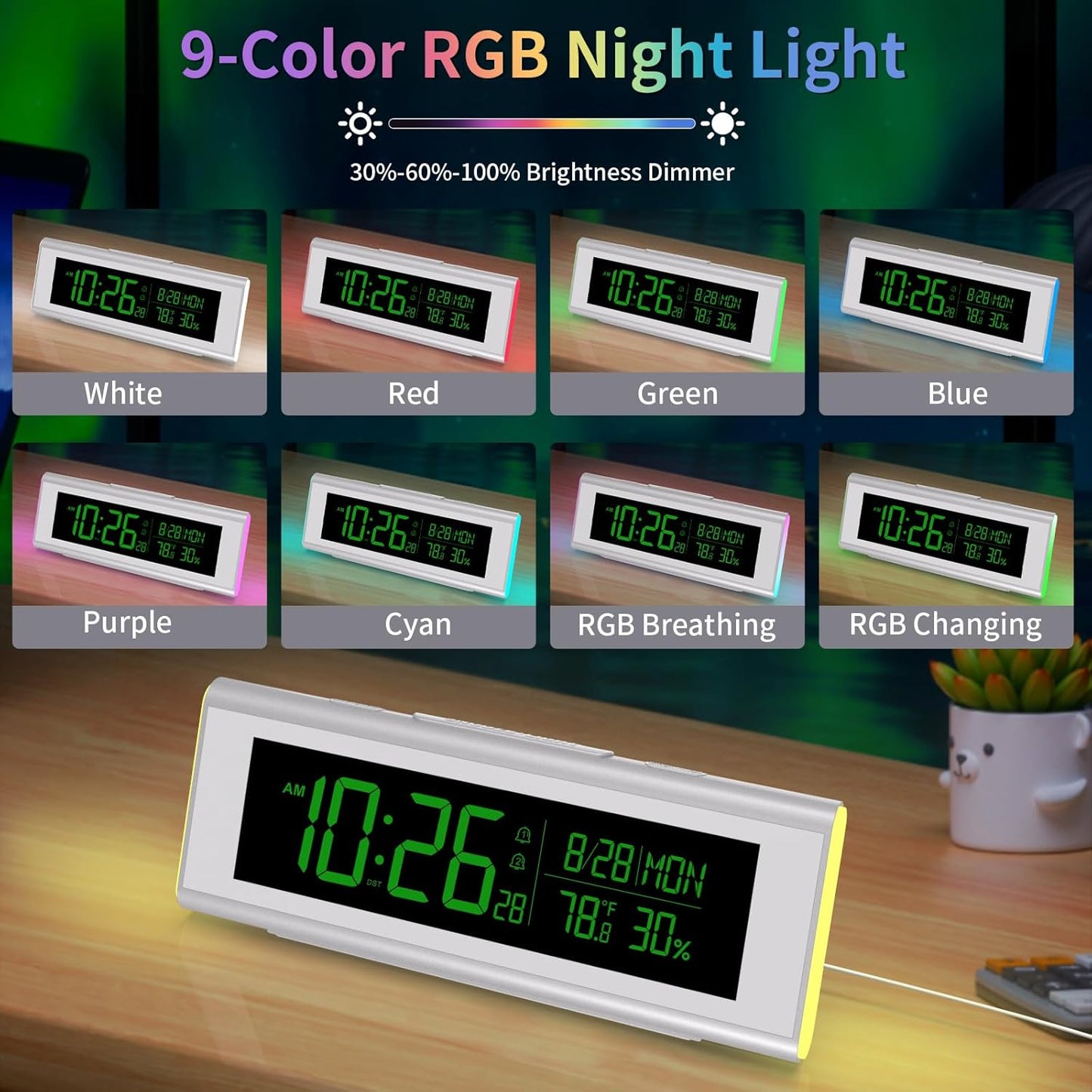 Digital Alarm Clocks for Bedrooms, LED Desk Clock with RGB Night Light, Brightness Dimmer, Date, Week, Temperature Large Display, Modern Decor for Desk, Office, Gift for Kids, Teen, Adults (Silver)