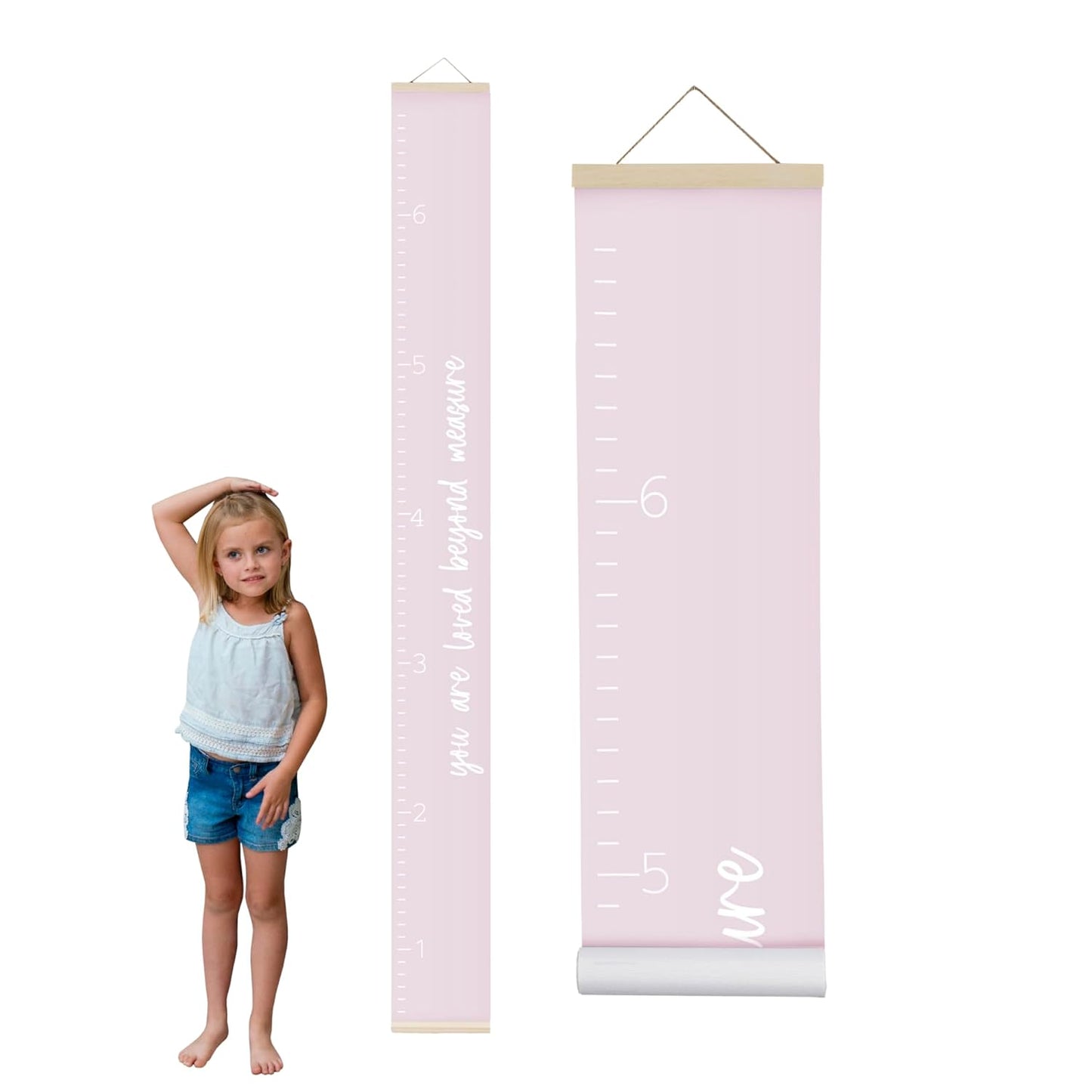 Morxy Canvas Growth Chart for Kids - Unisex Room Wall Decor - Measuring Height Wall Tape (Loved Beyond Measure- Pink)
