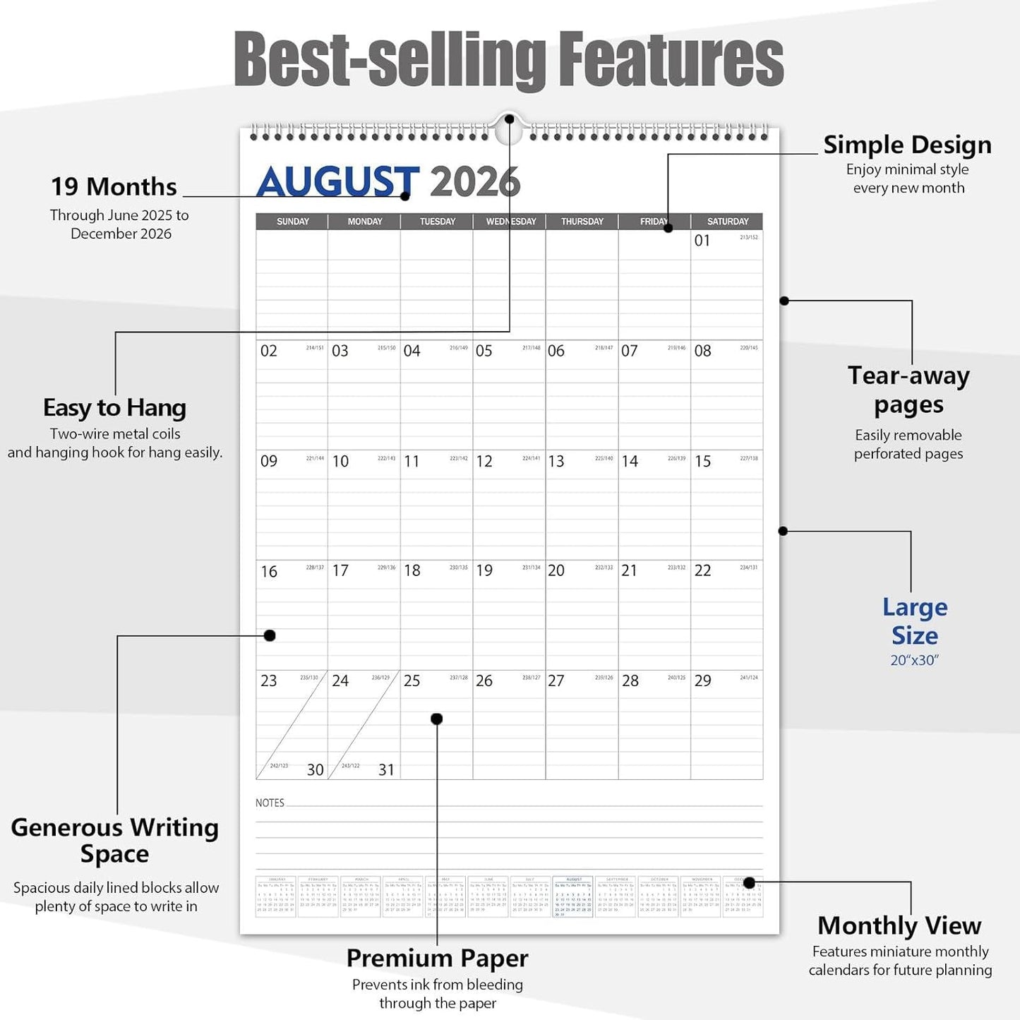GuassLee Extra Large Wall Calendar 2025-26, 20"x 30" Gaint Vertical Wall Calendar 2025, Jun. 2025 to Dec. 2026, 19-Month Paper Hanging Planner Wall with Julian Date for Office Home