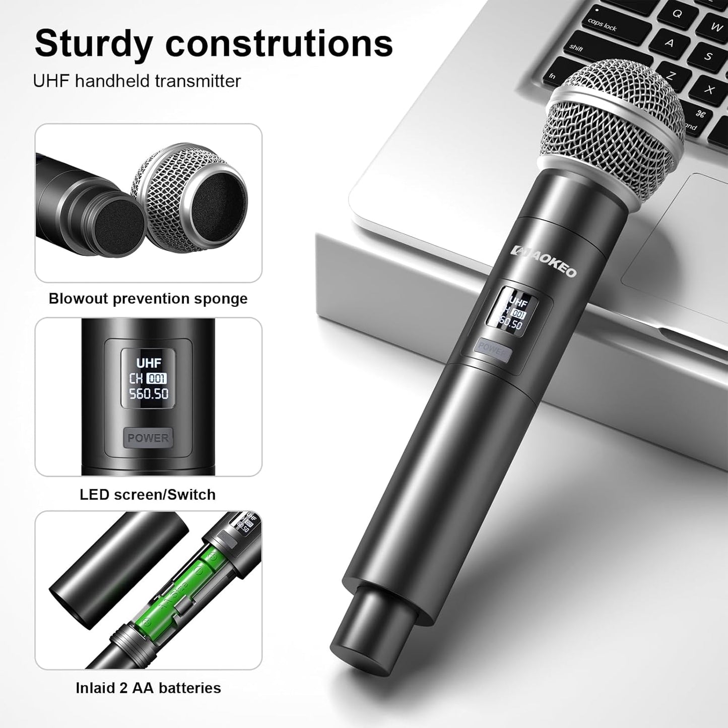 Aokeo Wireless Microphone System, Metal Wireless Mic Set with Case,Handheld Cordless Dynamic Microphones for Singing, Karaoke, Church, DJ,100ft Range