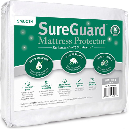 SureGuard Mini Crib Mattress Protector - 100% Waterproof, Hypoallergenic - Premium Fitted Cotton Cover for Portable Pack n Play - Smooth